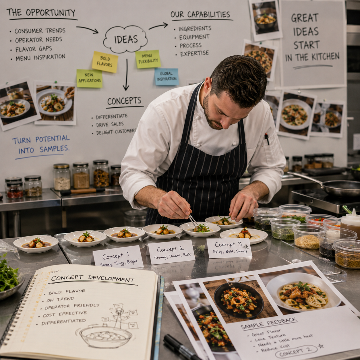 Chef working on plated food samples in a professional kitchen with a whiteboard and notes about food concepts and development behind him.