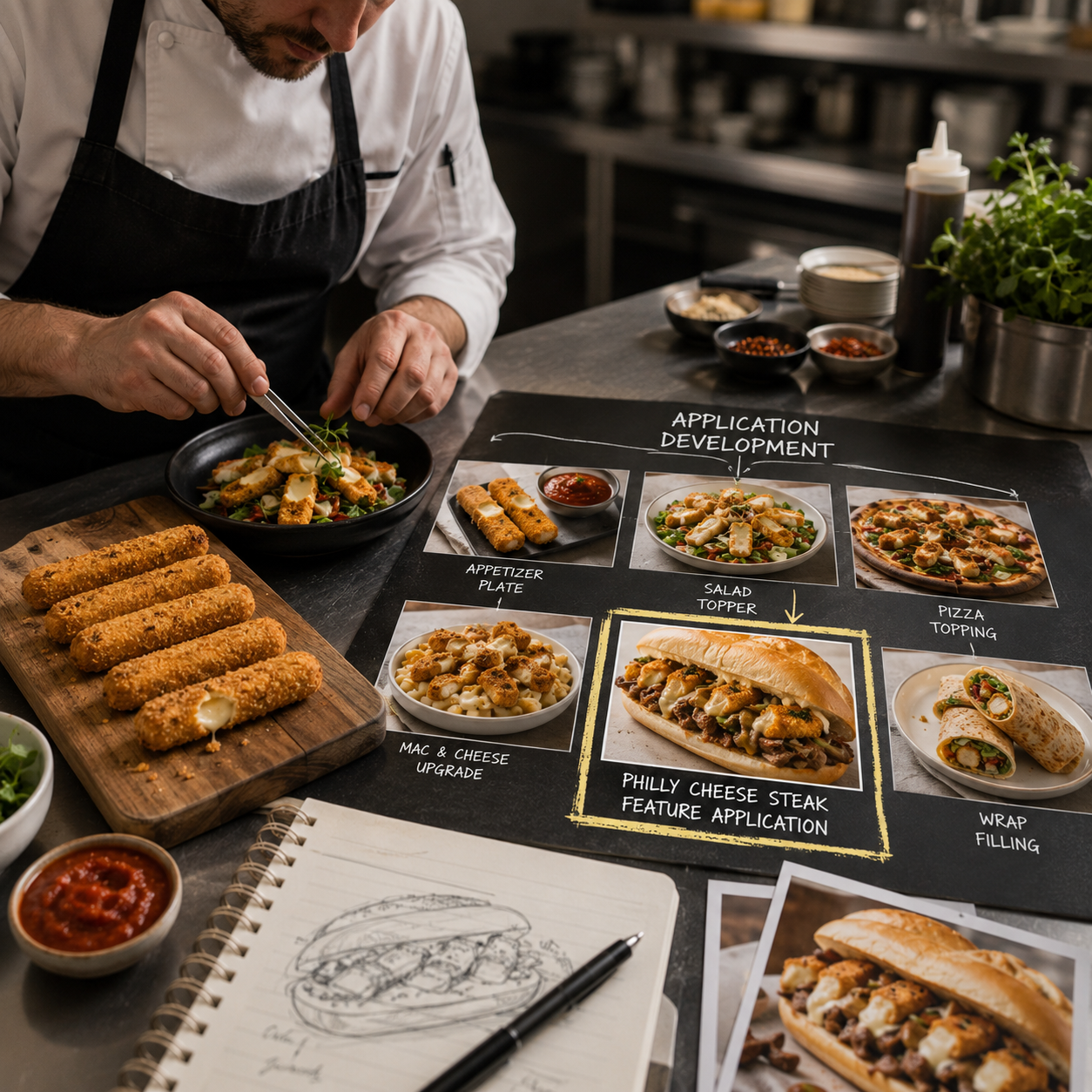 A chef preparing a salad at a culinary development station with a visual storyboard showing steps for making a Philly cheesesteak sandwich. The station has various ingredients, a notebook with sketches, and plated food items.