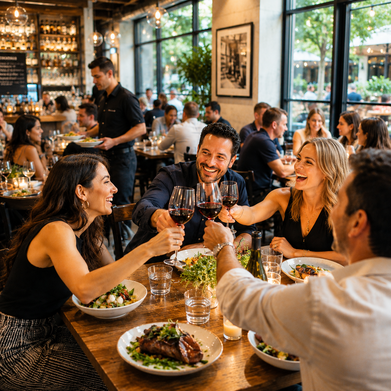 People celebrating with glasses of red wine at a restaurant with large windows and busy atmosphere.