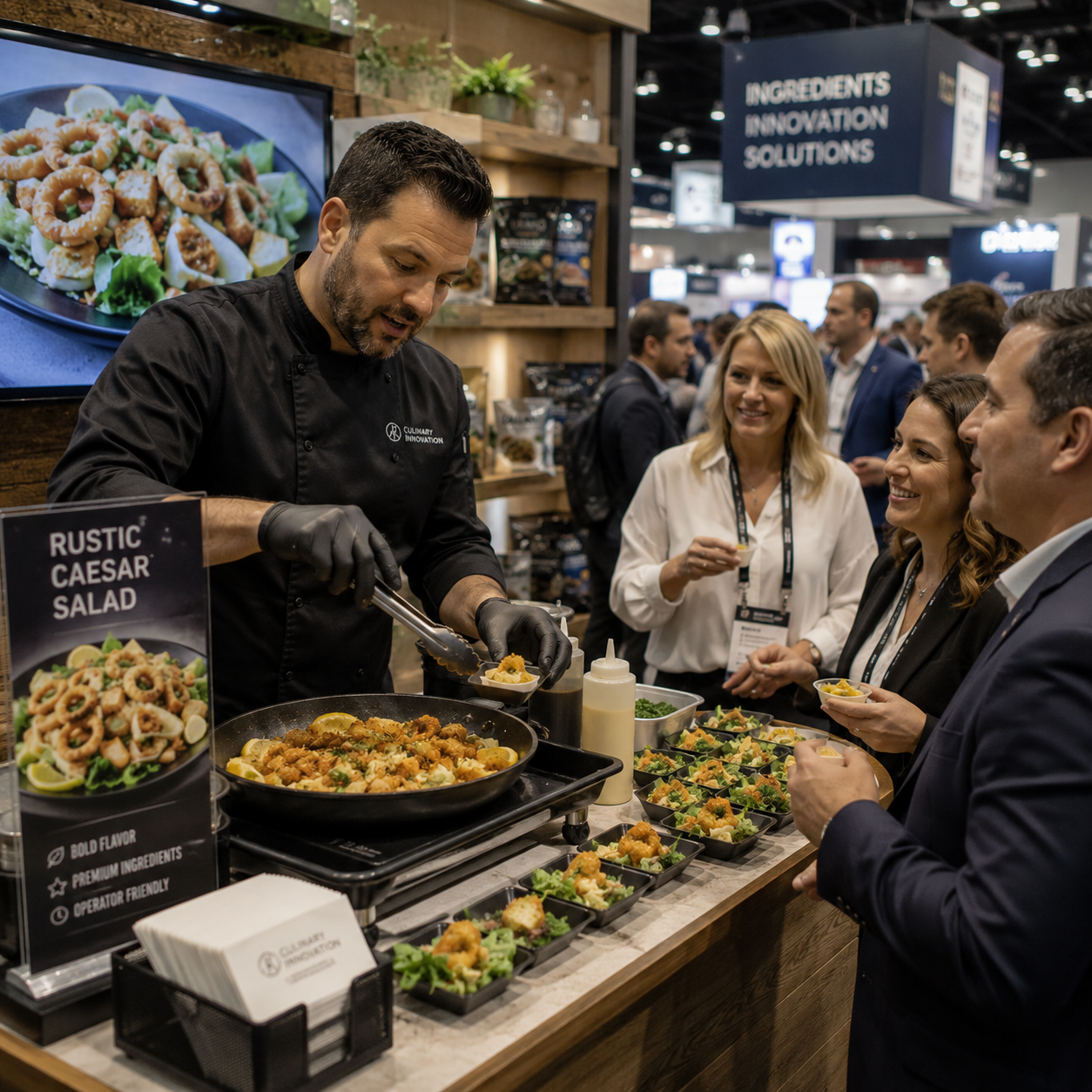 Chef demonstrating rustic Caesar salad to group of attendees at a food trade show.