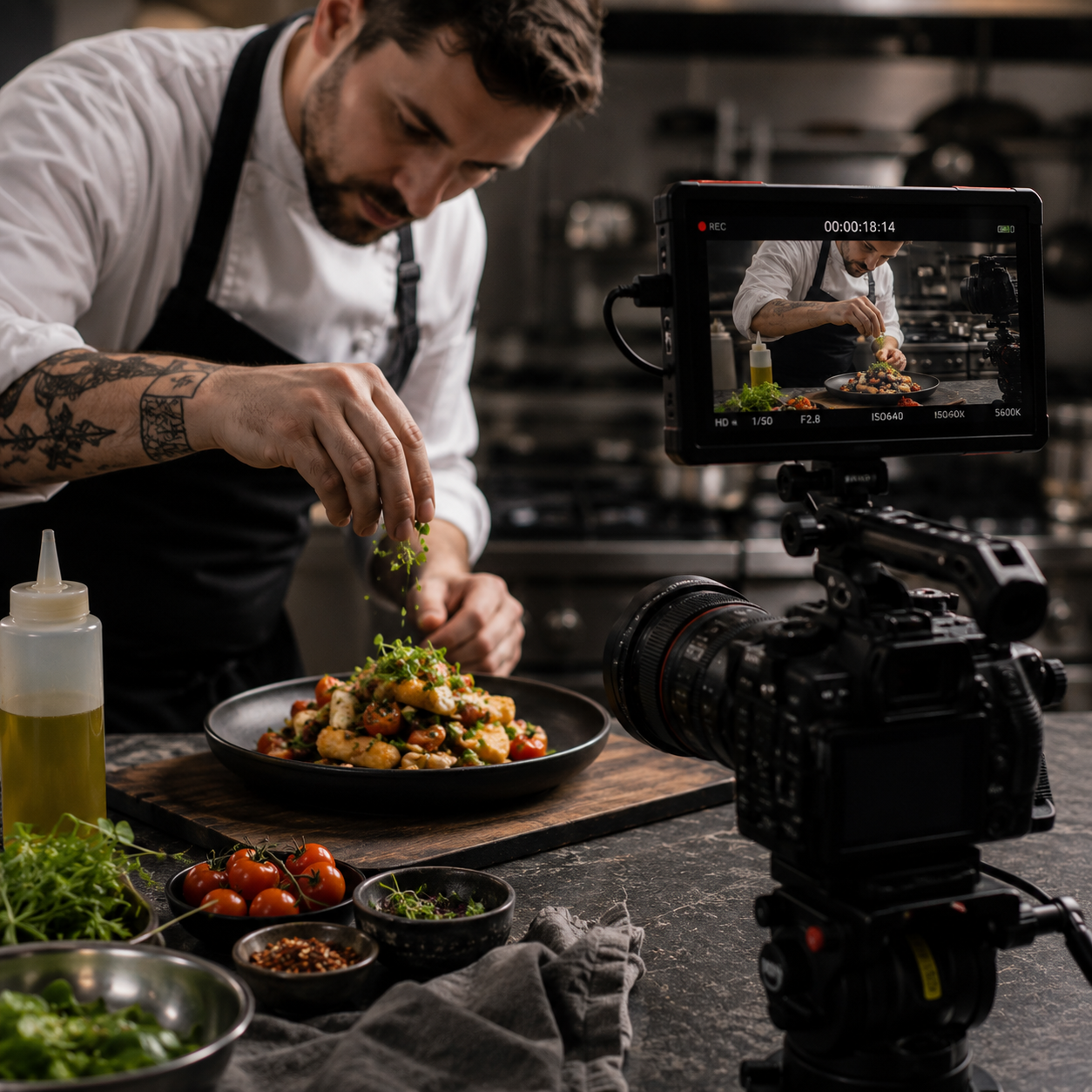 A chef in a white shirt and black apron is plating a colorful dish in a professional kitchen, with a camera recording the process.