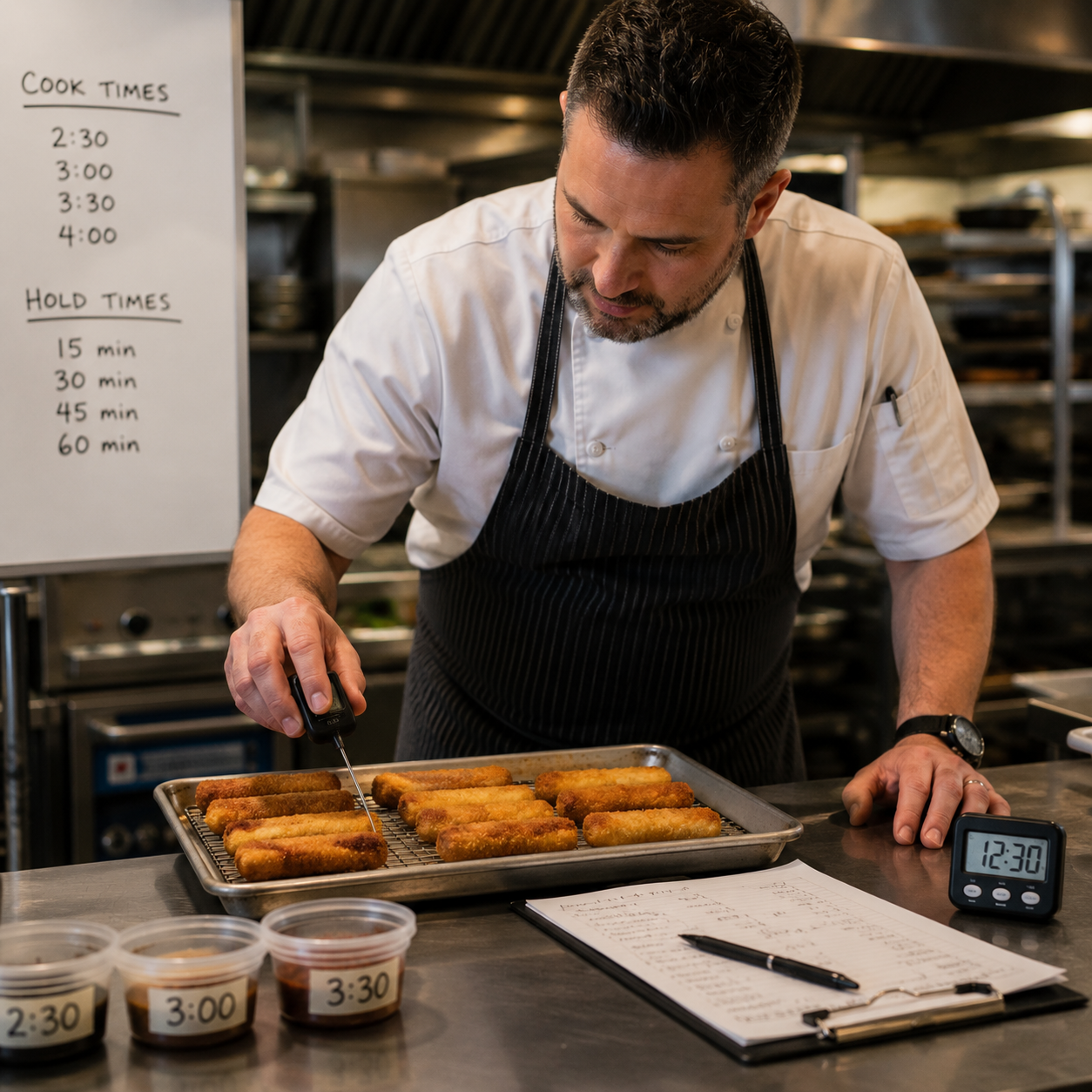 Chef in a professional kitchen preparing fried food on a baking sheet, with a digital timer showing 12:30, and a whiteboard with cook and hold times in the background.