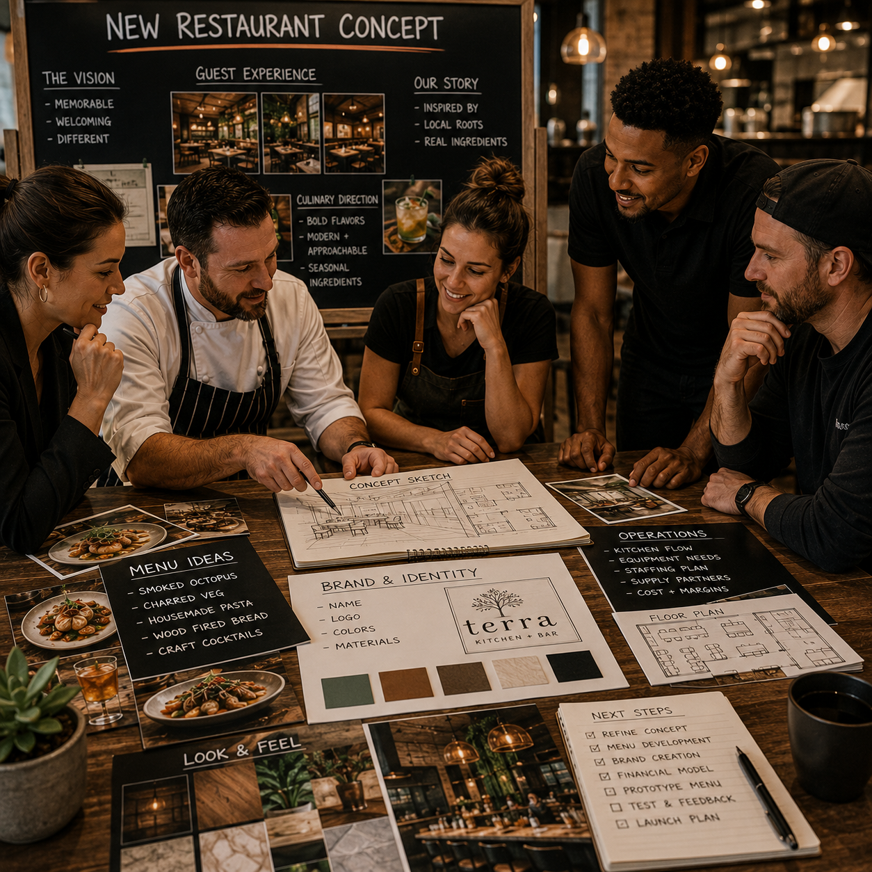 Group of six people discussing restaurant concept sketches and plans at a wooden table with menus, photos, and design materials, in a cozy restaurant setting with a blackboard in the background.