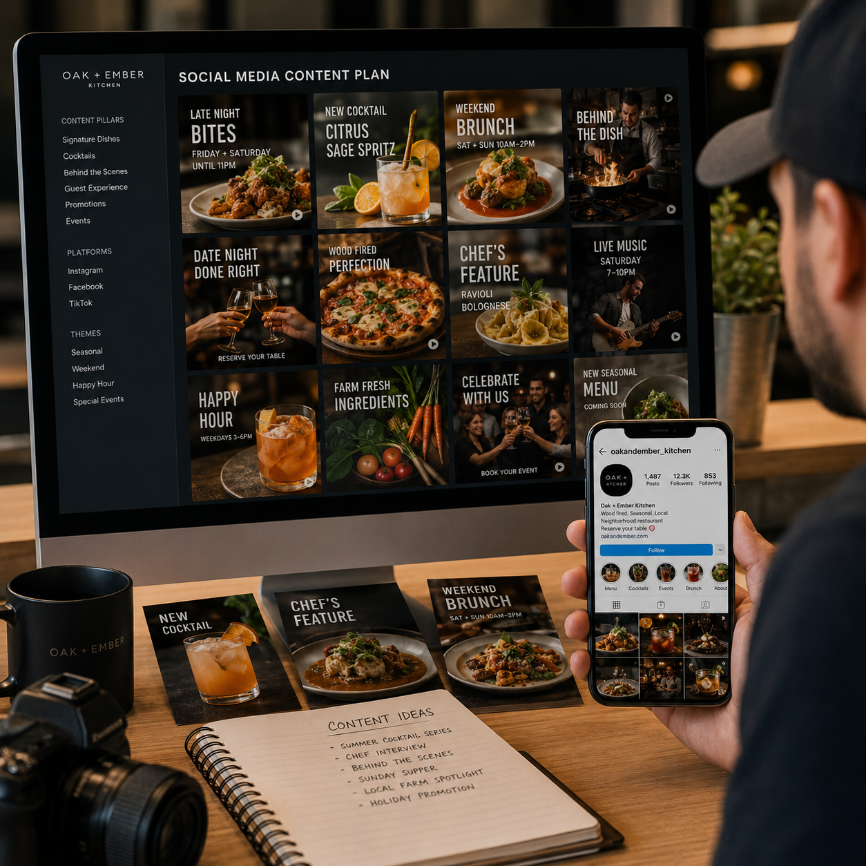 Person looking at a computer screen displaying a social media content plan for Oak + Ember Kitchen, with various food and event images. They also hold a phone showing the restaurant's Instagram profile.