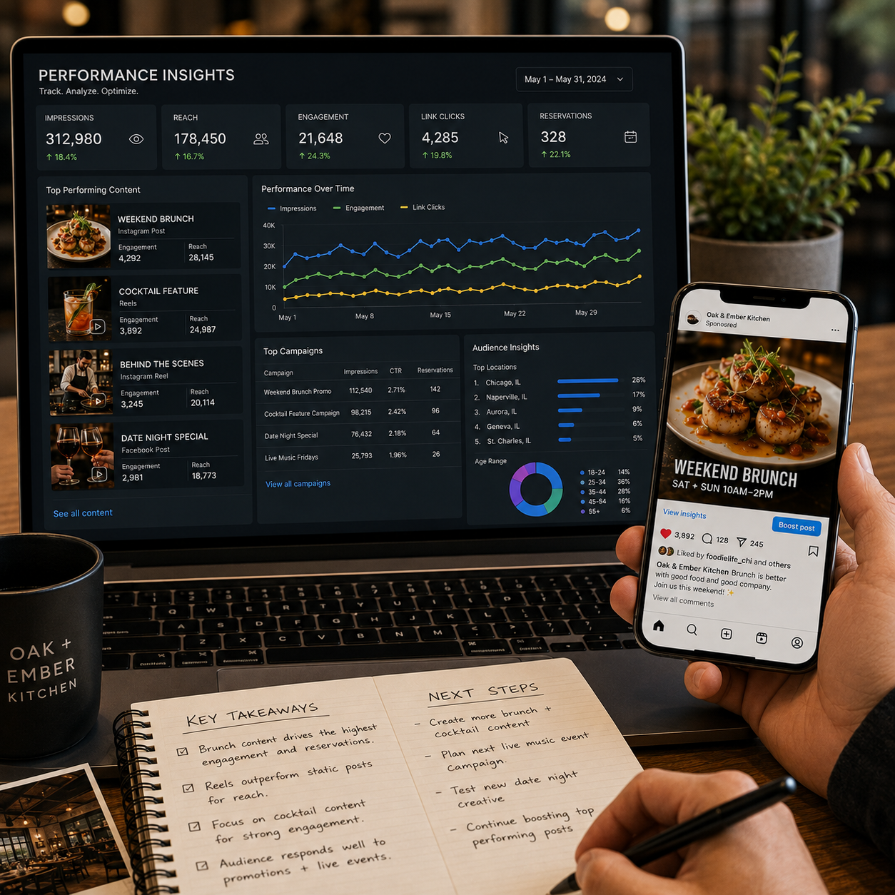 A person holding a smartphone with an Instagram post for a weekend brunch event, showing a plated dish, and a laptop displaying performance insights analytics dashboard, a notebook with key takeaways and next steps, and a mug labeled "OAK + EMBER KITCHEN" on a wooden table.
