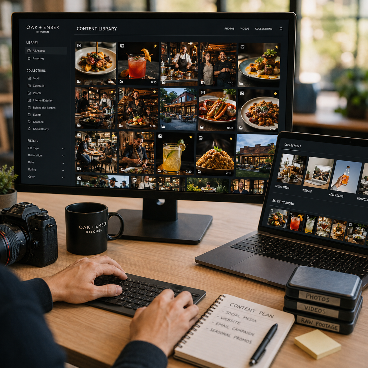 A person working at a desk with two screens displaying food and restaurant photos, a camera, a notebook with a content plan, a black mug labeled 'OAK+EMBER KITCHEN,' and small containers labeled 'PHOTOS,' 'VIDEOS,' 'RAW FOOTAGE'.