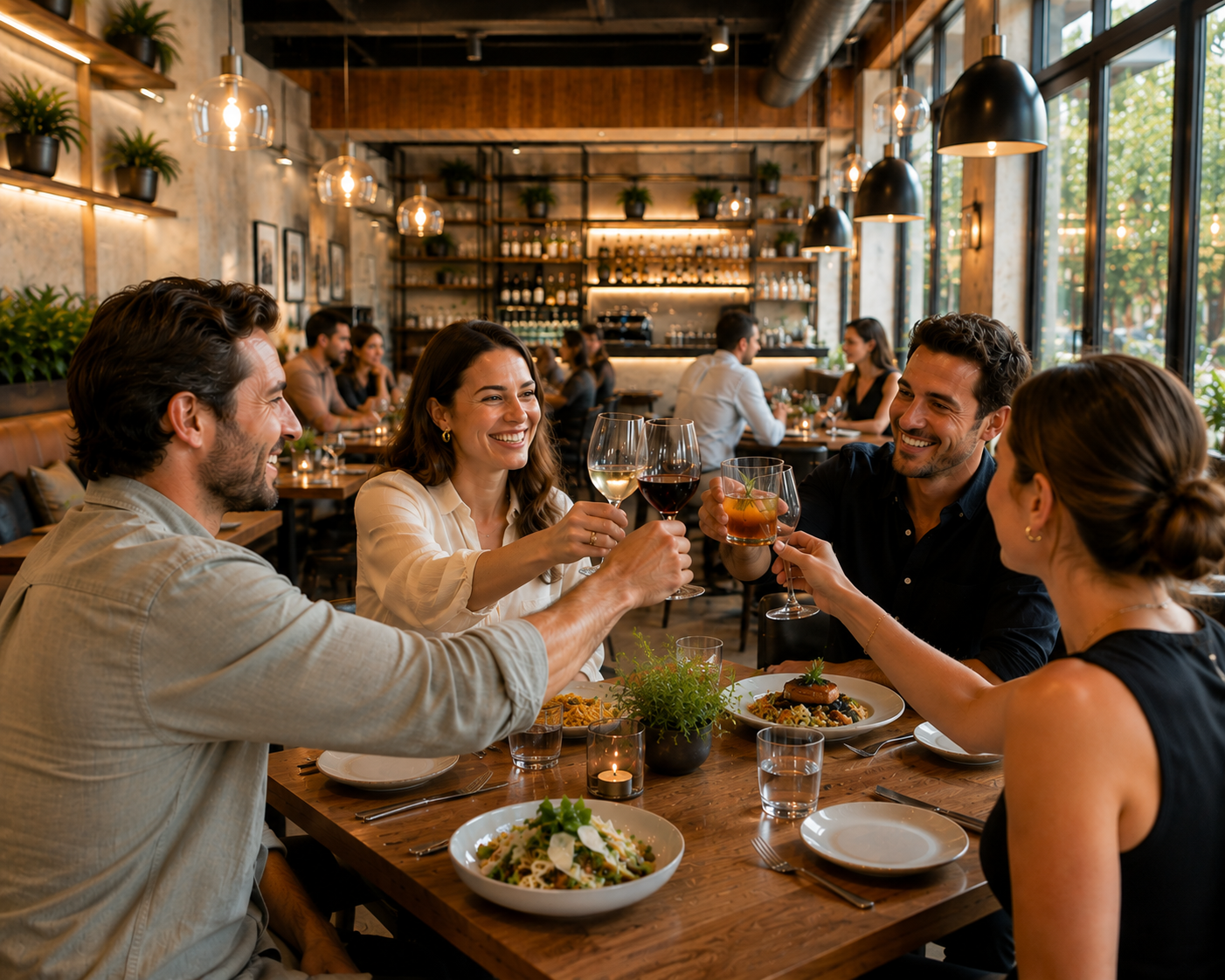 A group of four friends enjoying drinks and food at a restaurant, smiling and toasting.
