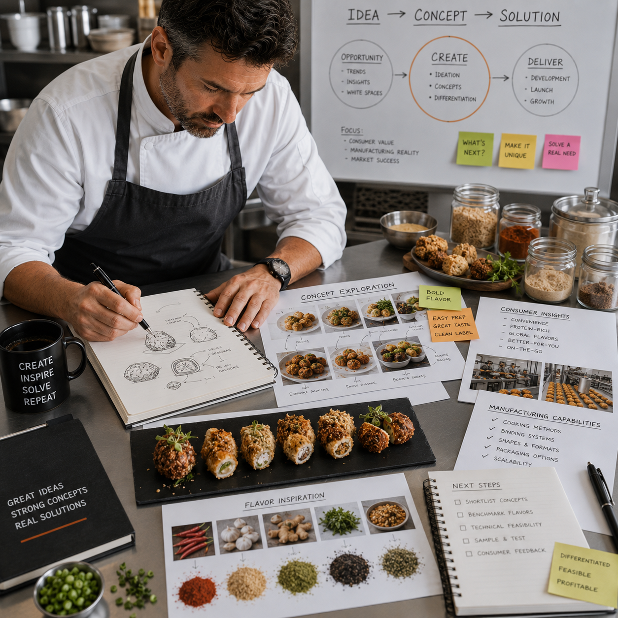 A man in a white chef's coat and black apron sketches food concepts at a cluttered work table with sushi rolls, jars of ingredients, and notes about food development and flavor ideas. A whiteboard with a flowchart, sticky notes, and consumer insights is in the background.