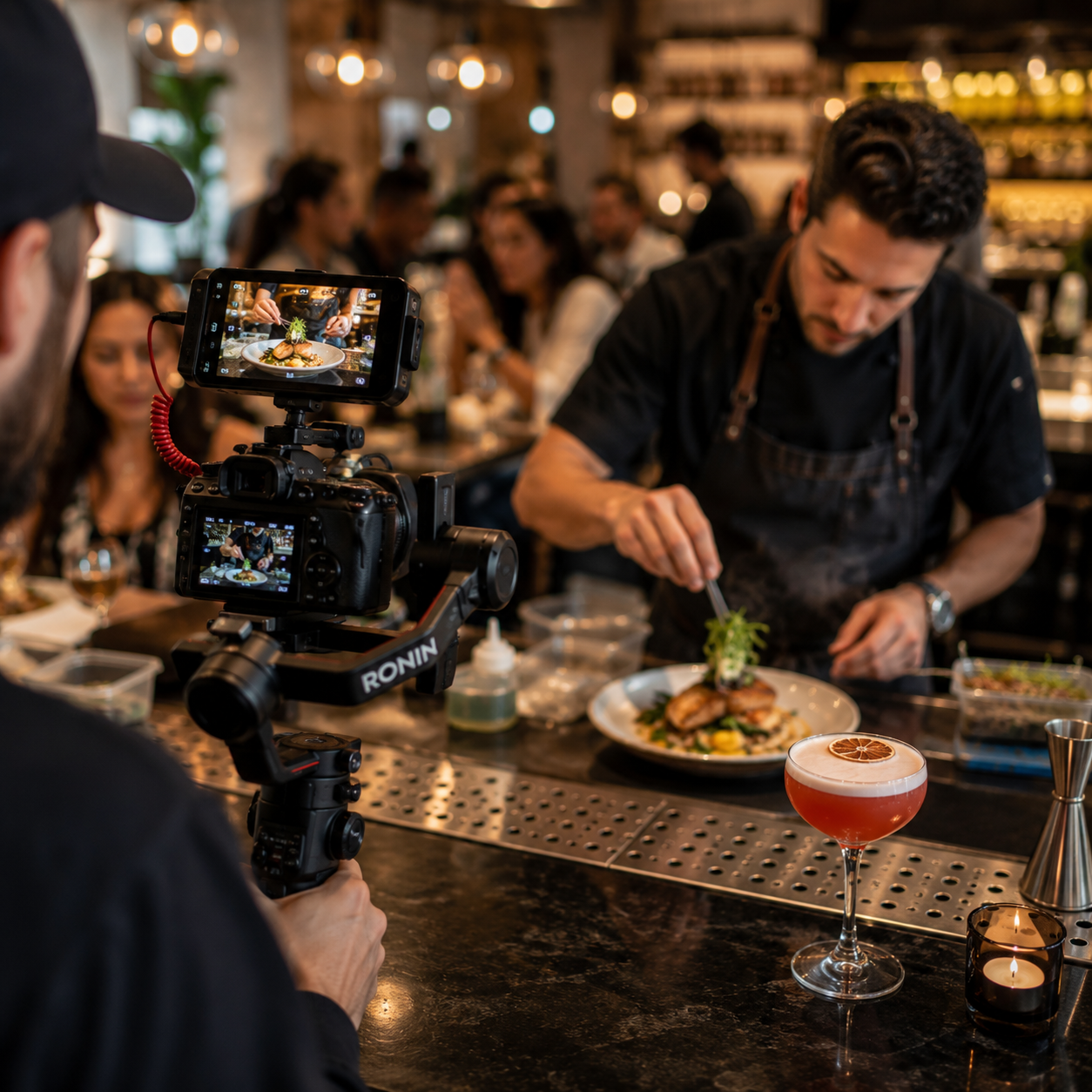 A chef in a black apron garnishes a plated dish while being filmed by a videographer with a camera. The camera captures the chef's activity, focusing on the expertly prepared meal. In the foreground, a cocktail with a dried citrus slice decoration is on the bar counter.