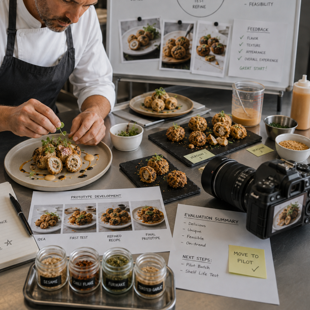 A chef working on food presentation at a testing and development station, with plates of breaded bites, flavoring ingredients, a camera, and notes on prototype development and evaluation on the table.