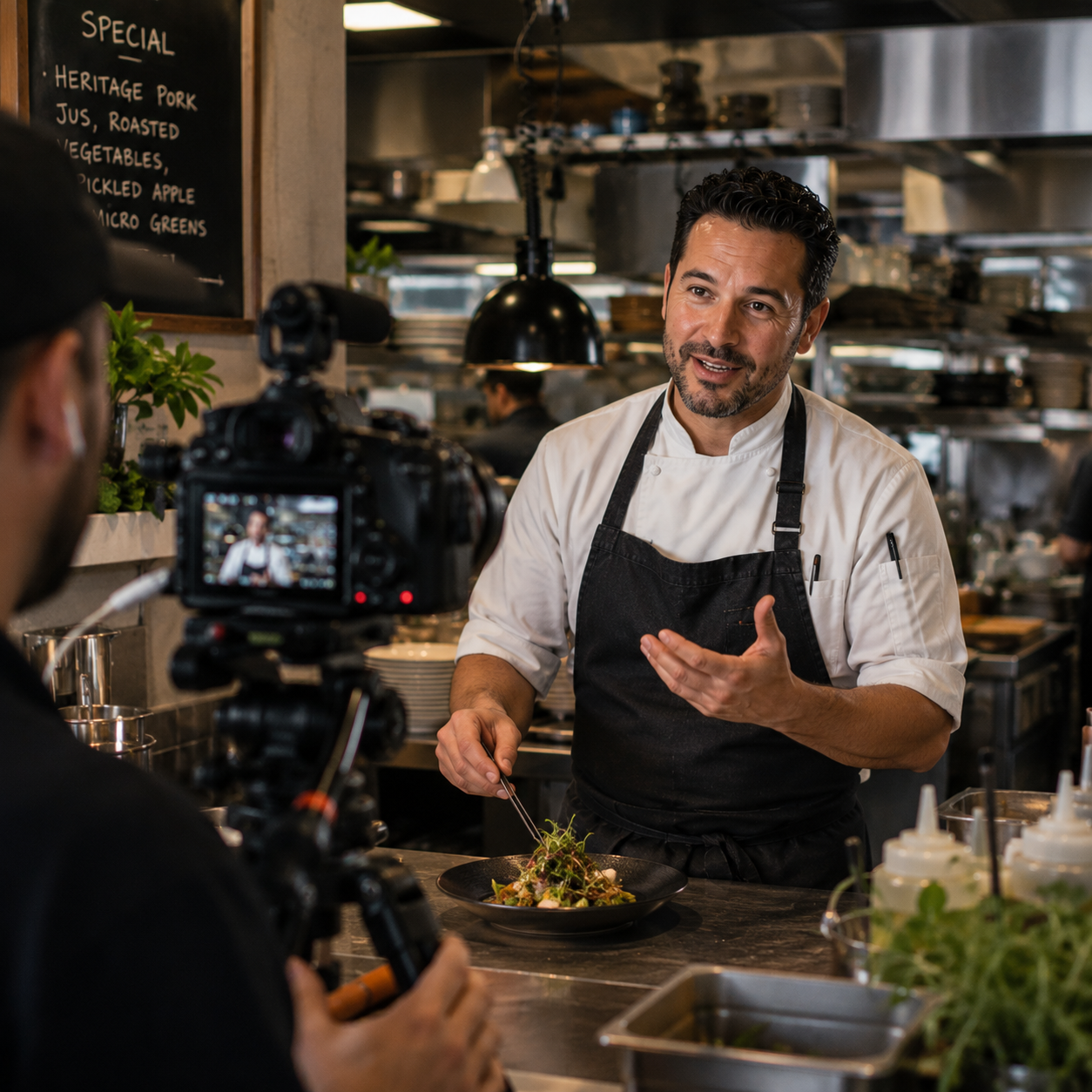 A male chef being filmed in a restaurant kitchen, holding a fork and gesturing while explaining a dish. The chef is wearing a white chef's coat and a black apron, with kitchen equipment and ingredients around him.