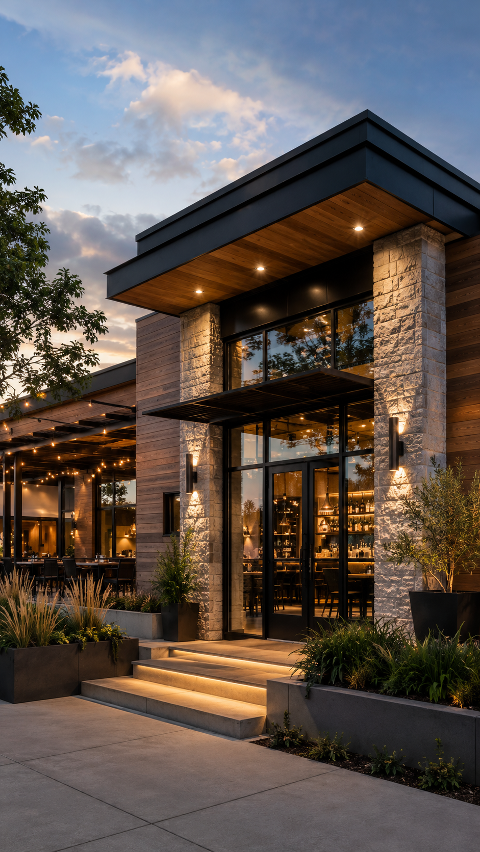 Exterior of a modern restaurant or hotel with large glass windows, stone and wooden facade, and outdoor lighting at dusk.