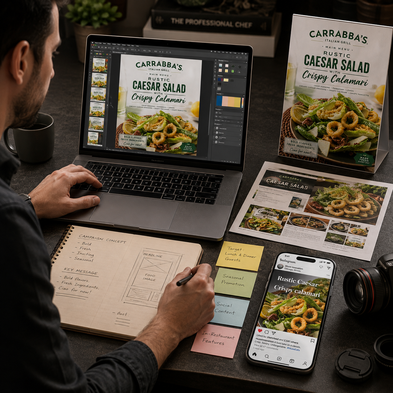A person working on a graphic design project for a restaurant menu at a desk. The workspace includes a laptop, printed menu layout, a smartphone displaying the restaurant's Instagram page, a camera, and notes with ideas for the campaign. The menu features a Caesar salad with crispy calamari.