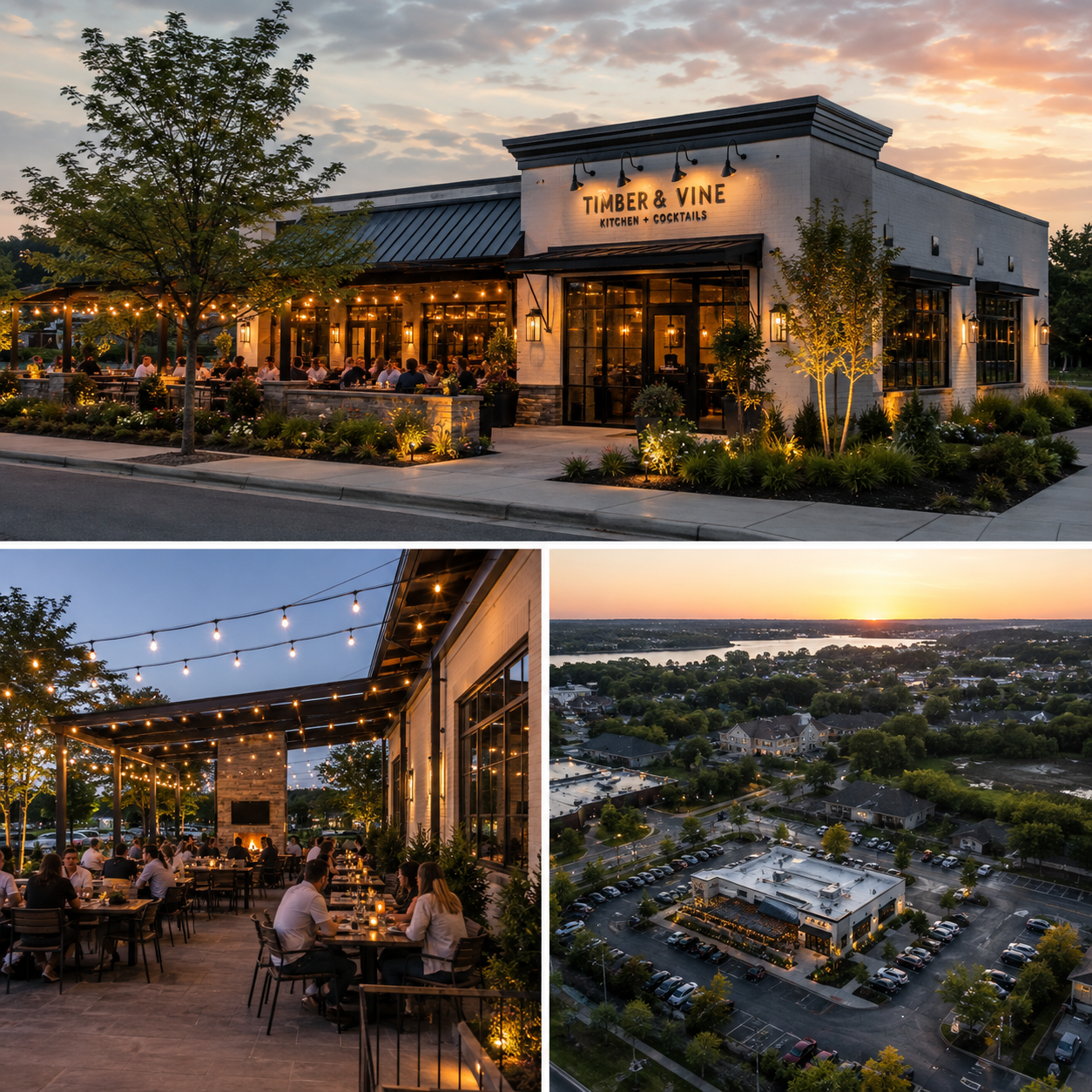 Exterior view of Timber & Vine restaurant at sunset, with outdoor dining area illuminated by string lights and people enjoying dinner, aerial view of parking lot and surrounding neighborhood at dusk.