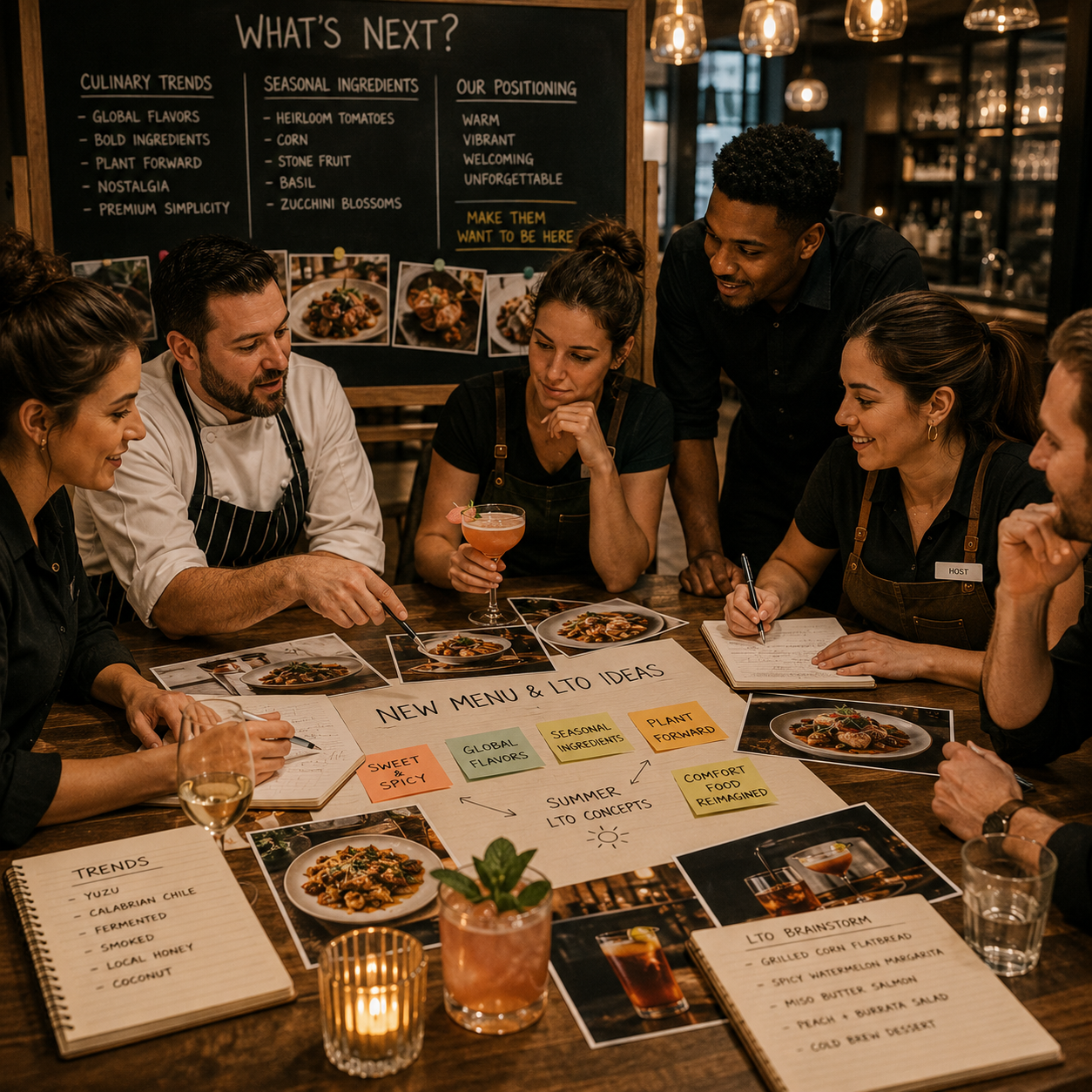 Group of six people having a meeting at a restaurant table reviewing a menu and brainstorming ideas for a new menu. There are photos of dishes and drinks, notebooks, and notes on the table, with a chalkboard in the background listing culinary trends, seasonal ingredients, and positioning concepts.