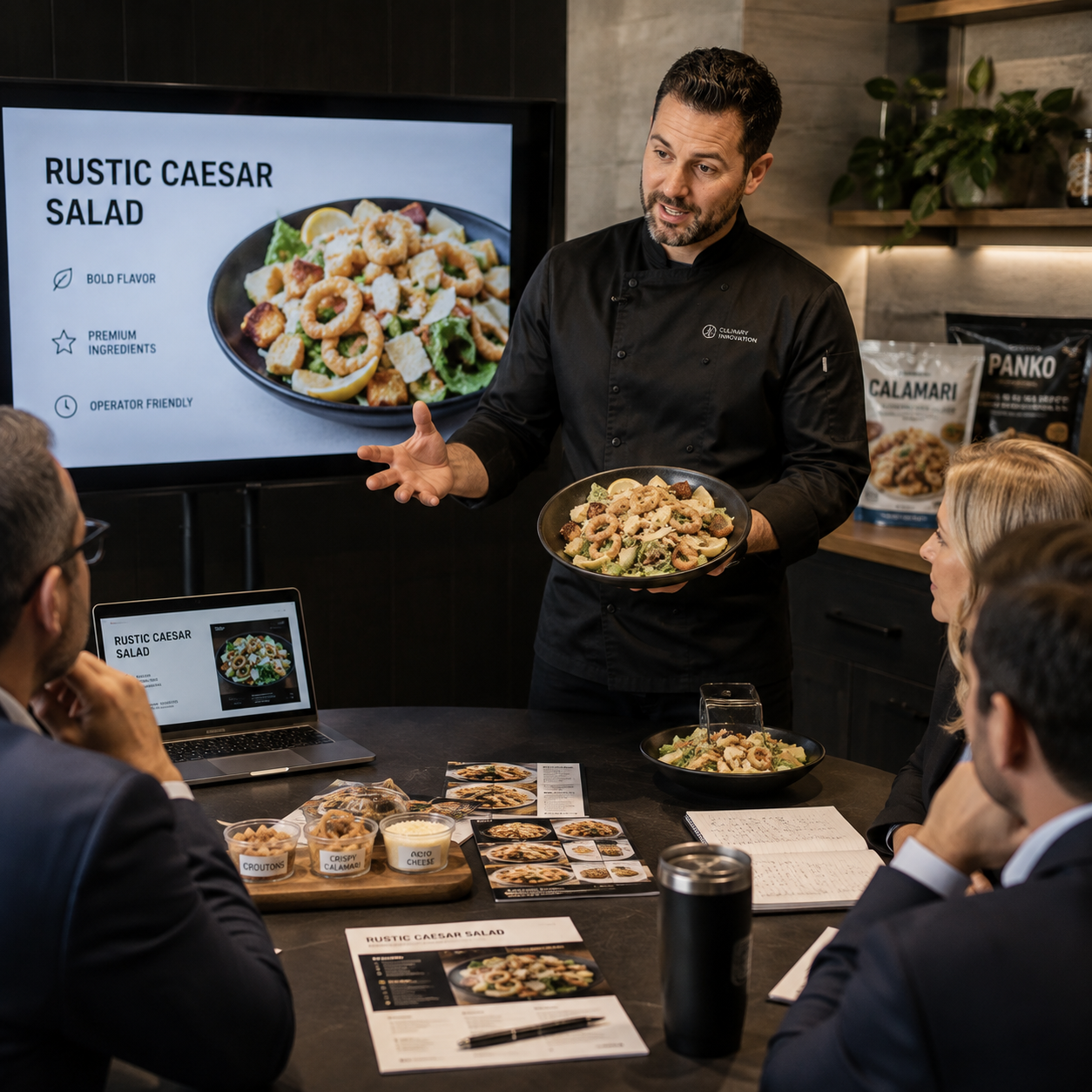 A man in a black chef coat demonstrates a rustic Caesar salad to a group of people in a meeting room, with a large screen showing an image and description of the same salad.