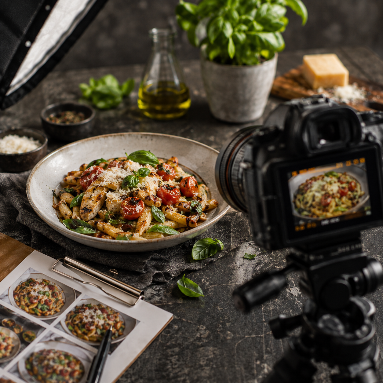 A camera filming a plate of pasta with cherry tomatoes, basil, and grated cheese on a dark countertop, with ingredients and a recipe sheet nearby.
