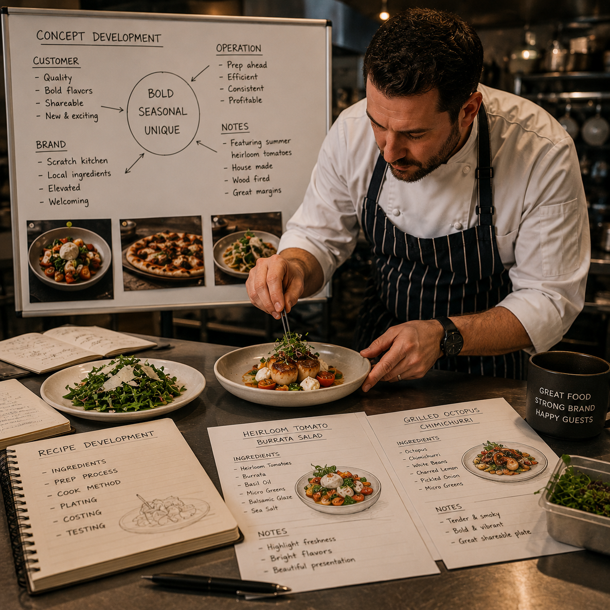 A chef plating a gourmet dish in a professional kitchen with recipe notes, a salad, and a whiteboard with concept development and recipe ideas nearby.