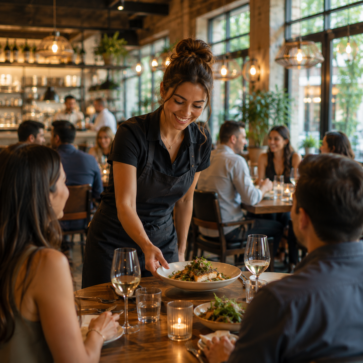 A smiling waitress serving food to a group in a cozy, well-lit restaurant with large windows and hanging lights.