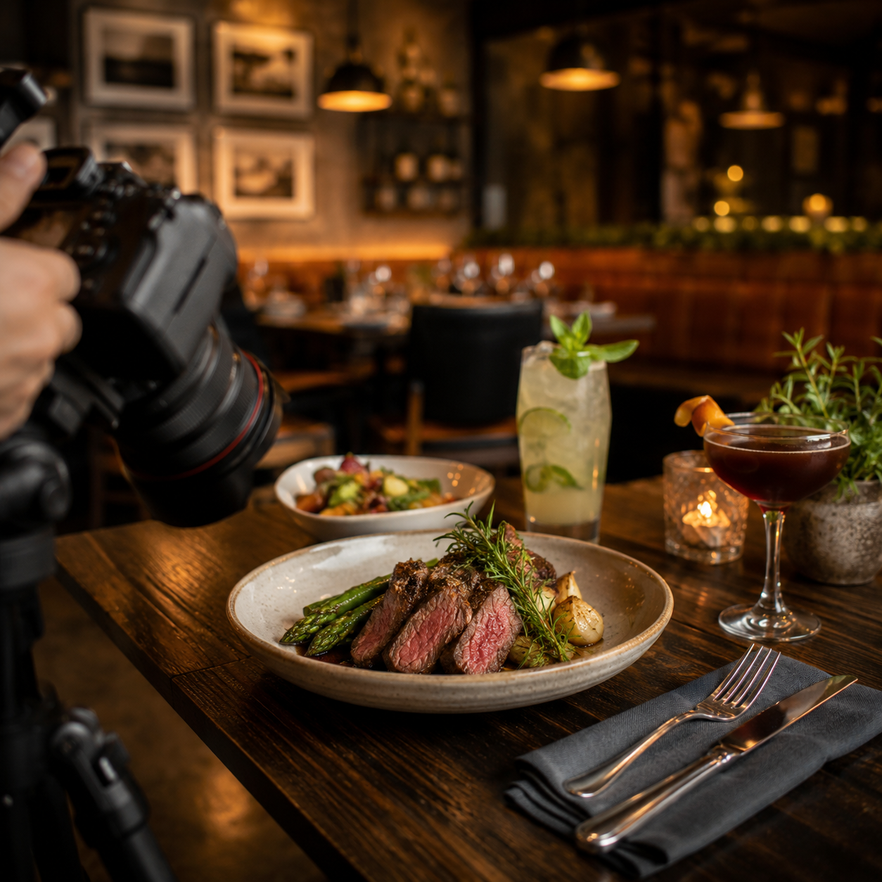 A camera capturing a plated steak with asparagus and garlic on a wooden table, accompanied by a cocktail, a Mojito, and a red wine drink in a restaurant setting.