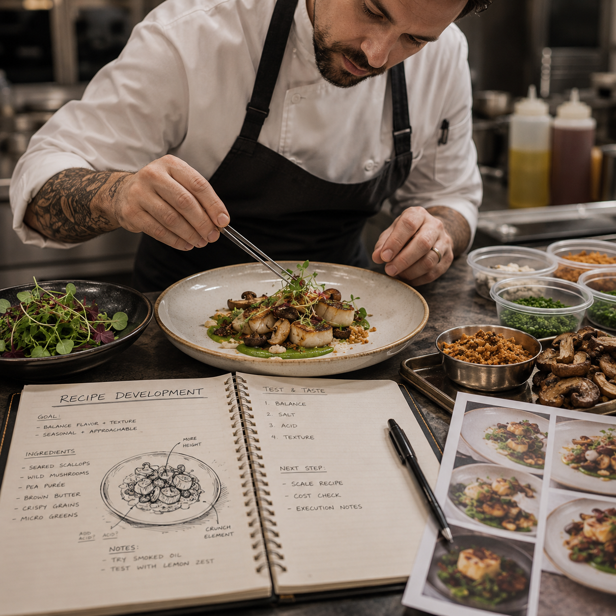 A chef in a white shirt and black apron is garnishing a plated dish with microgreens in a professional kitchen. The workspace includes bowls of ingredients, a notebook with recipe notes, and printed dish photos.