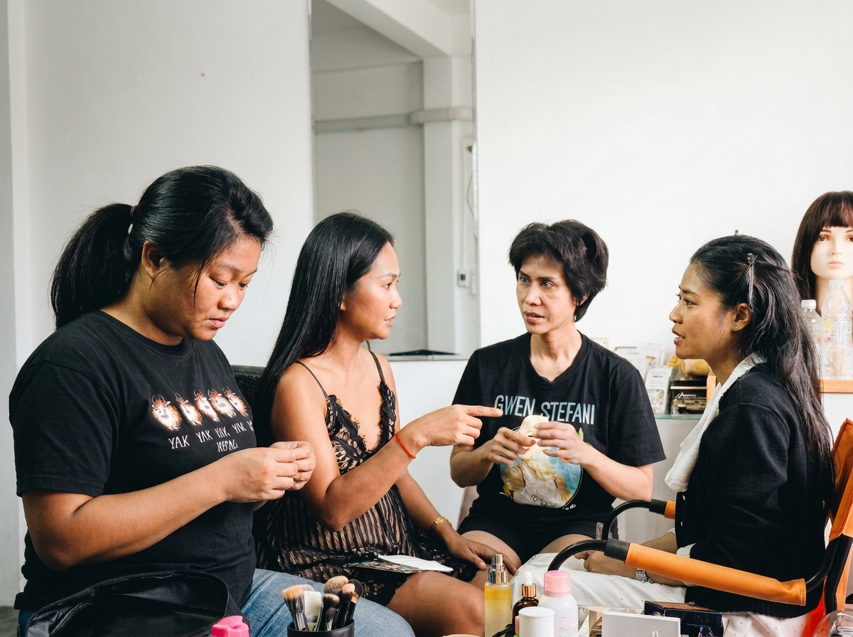 Four women sitting and standing in a room, with the woman on the right in a wheelchair, engaging in conversation. Behind them are various bottles and a mannequin head.