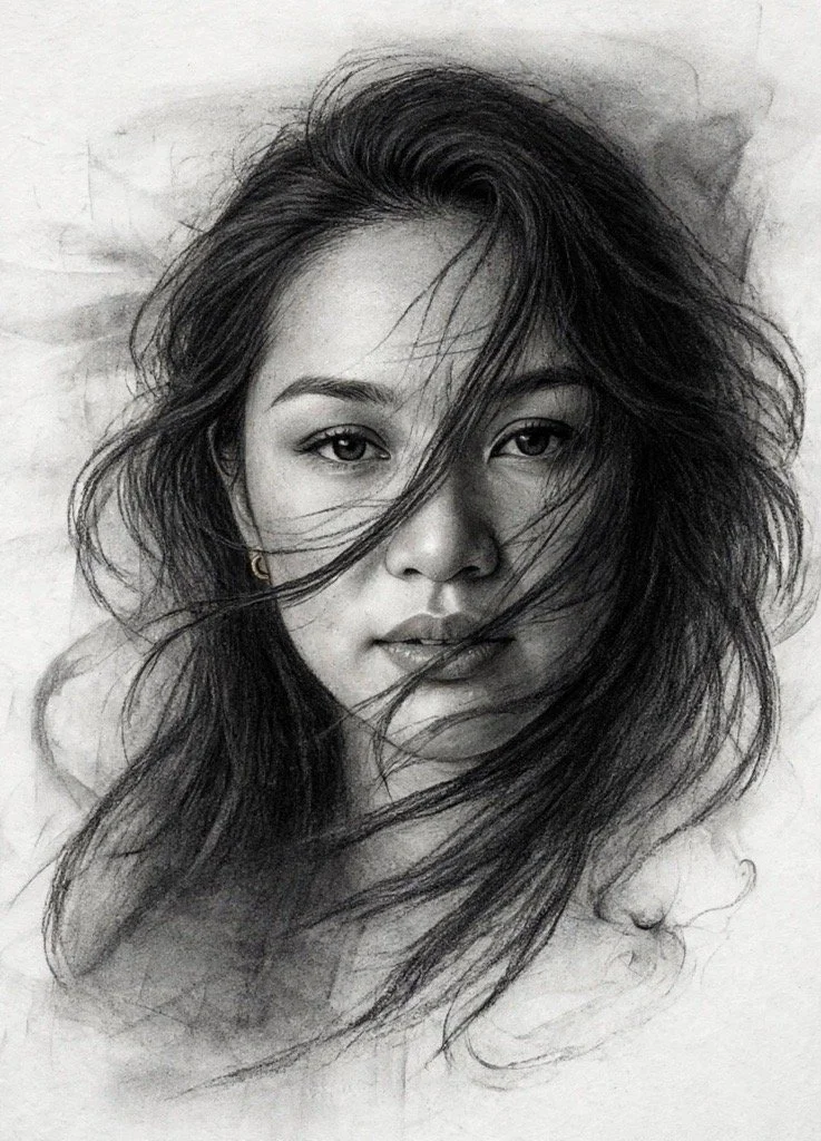 Detailed black-and-white portrait of a young woman with long, flowing hair partially covering her face, serious expression.