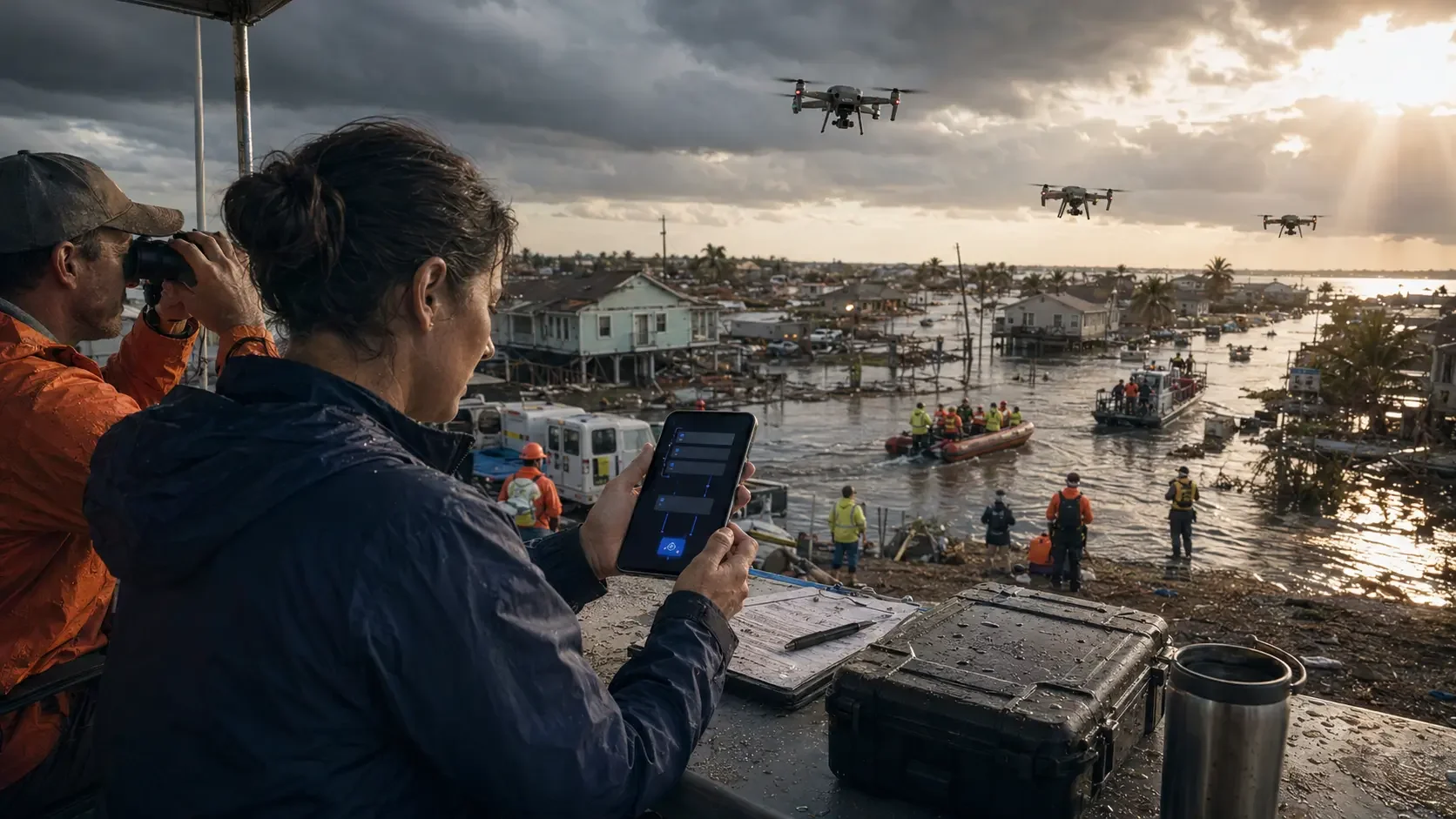Public-safety responders use source-linked mission receipts while civilian drones support rescue after a major coastal hurricane.