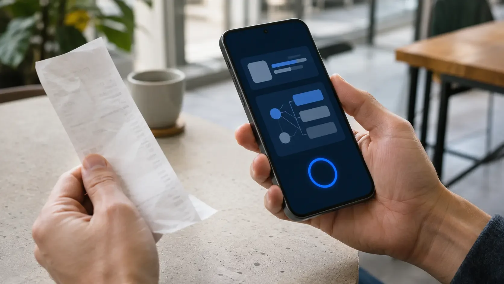 A person holds a receipt beside a phone displaying abstract source cards and a blue readiness indicator.