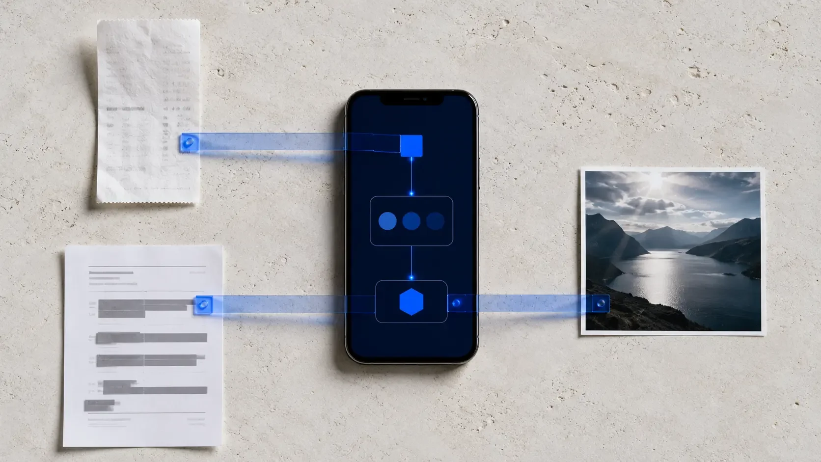 A phone connects a receipt, a redacted document, and a photograph into one evidence-review path.