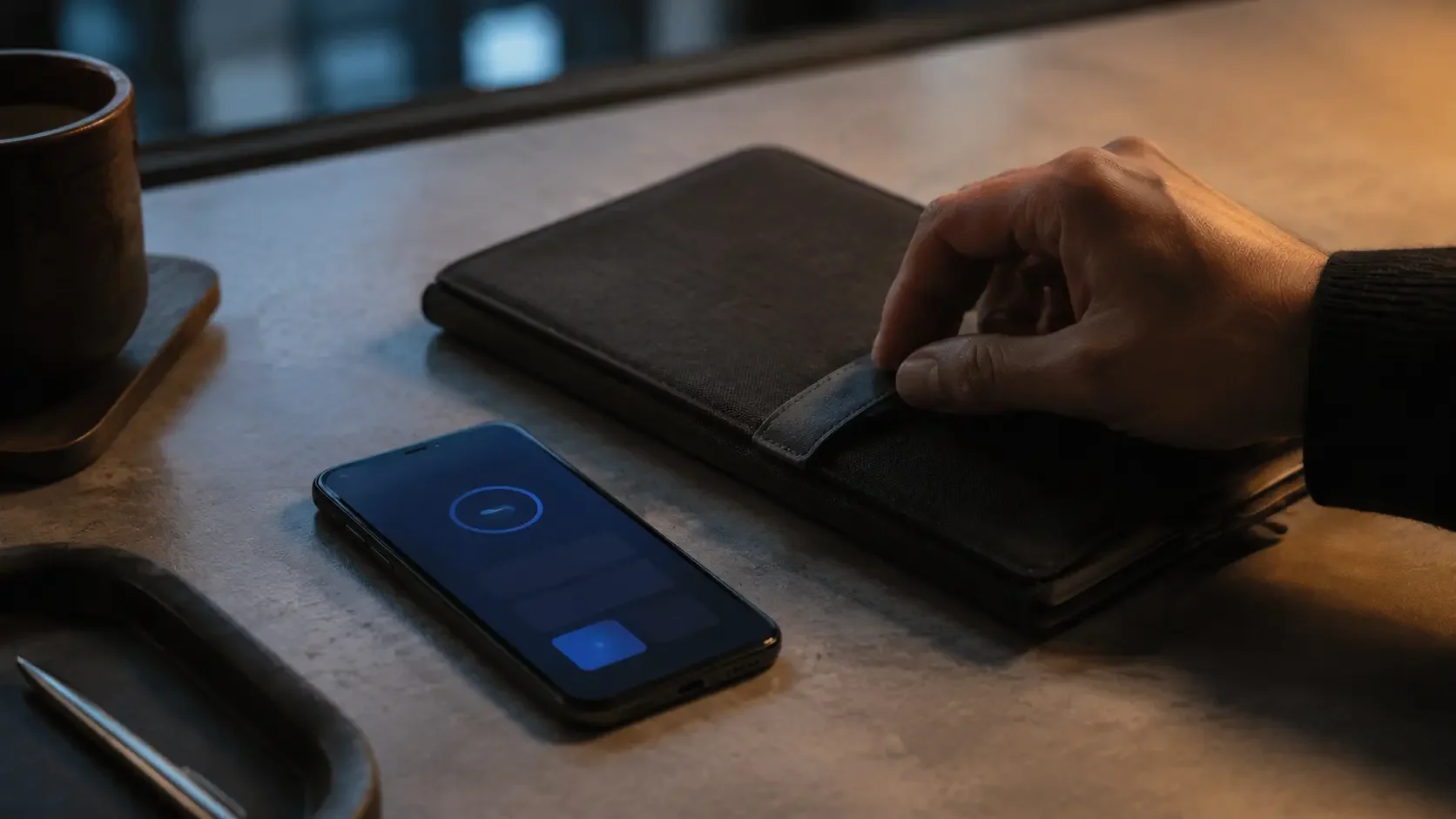 A person closes a private evidence folio beside a phone showing a calm blue completion signal.