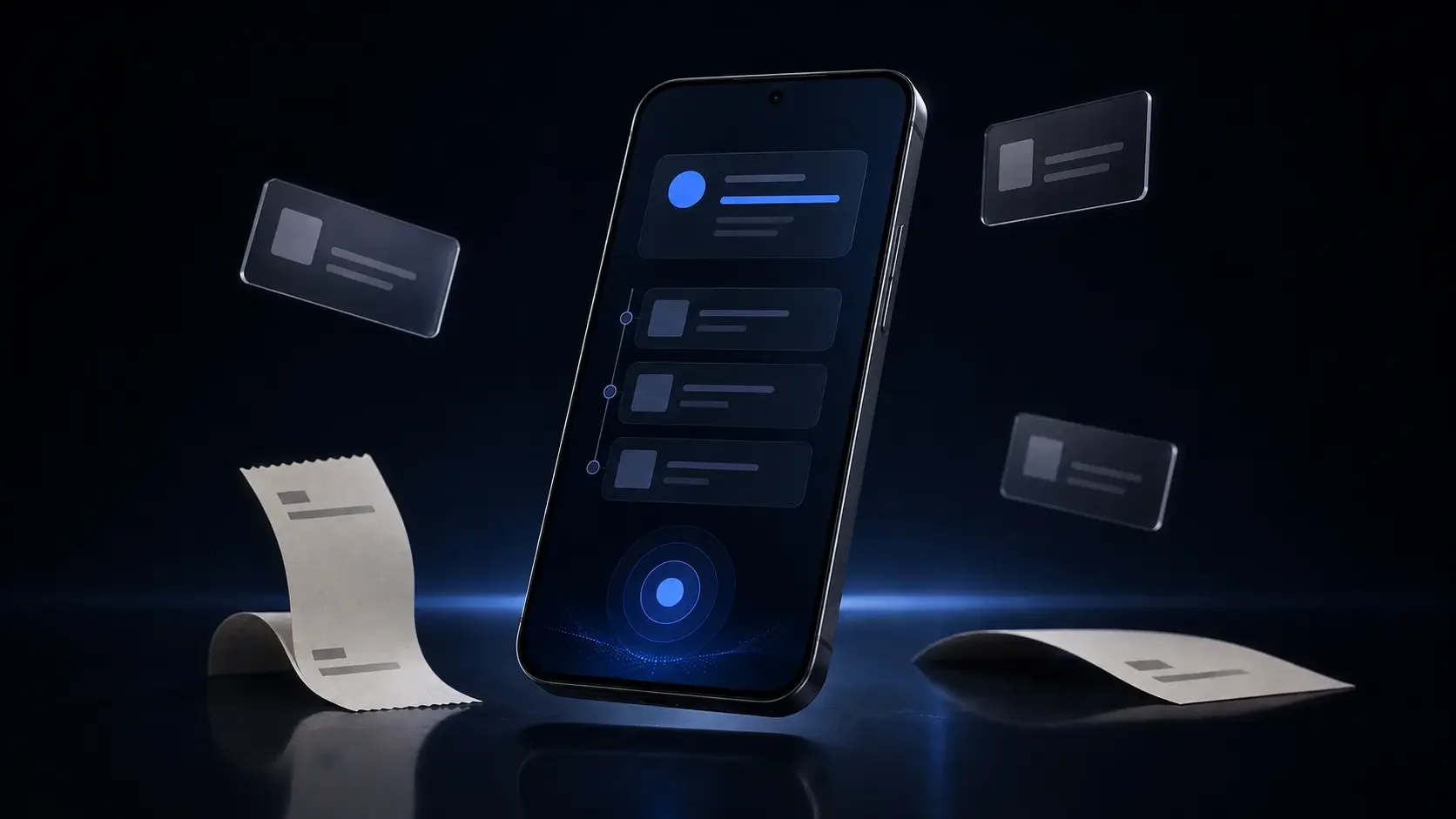 An unbranded graphite smartphone links abstract claim and receipt cards above a dark reflective surface.