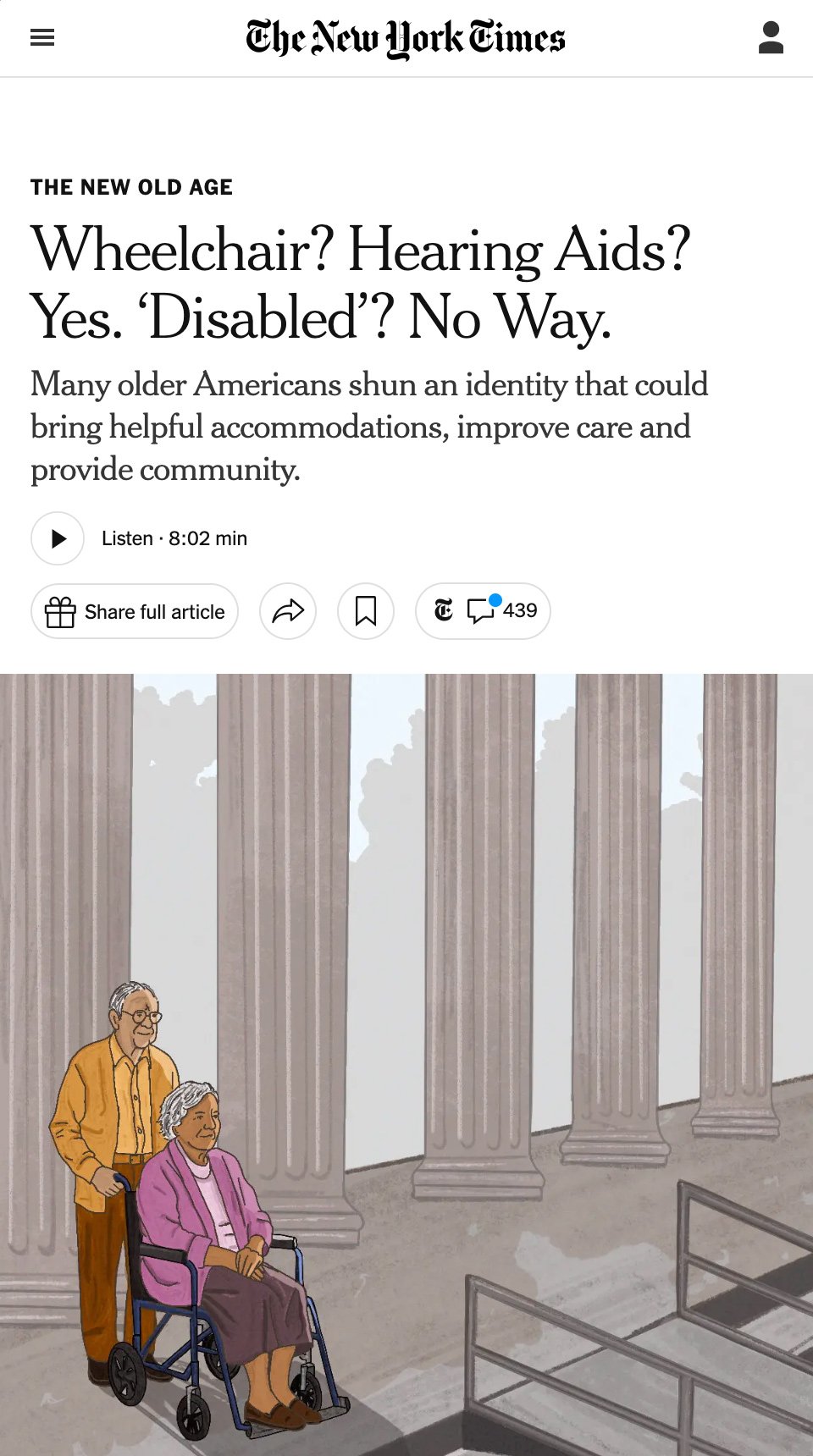 Large screenshot of a New York Times article with headline "Wheelchair? Hearing Aids? Yes. 'Disabled'? No Way.