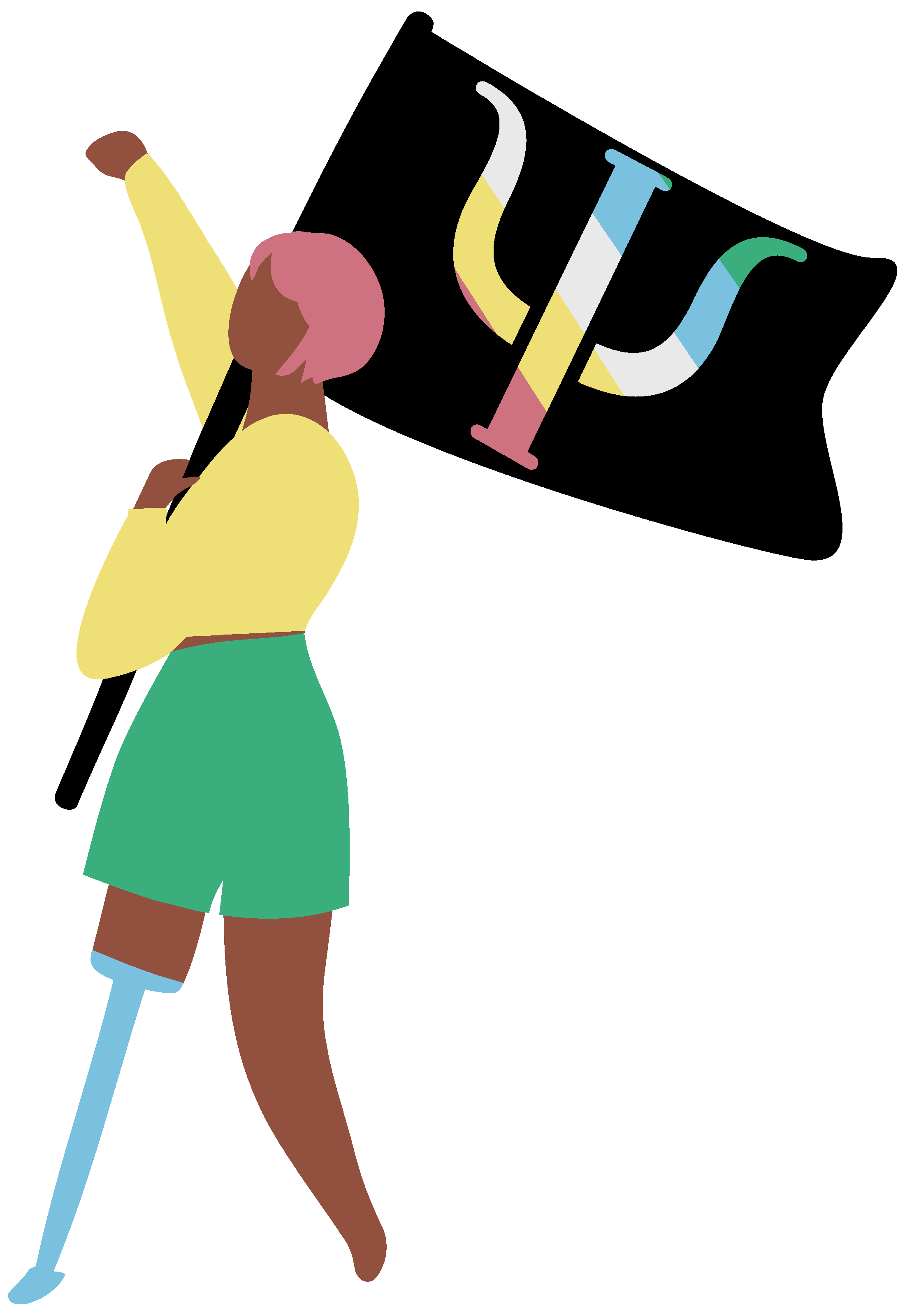 Stylized illustration of a person with a pink bob haircut and a prosthetic leg, wearing a yellow top and green skirt, holding a white cane, with a medical syringe and a yellow and blue ribbon floating near their head.