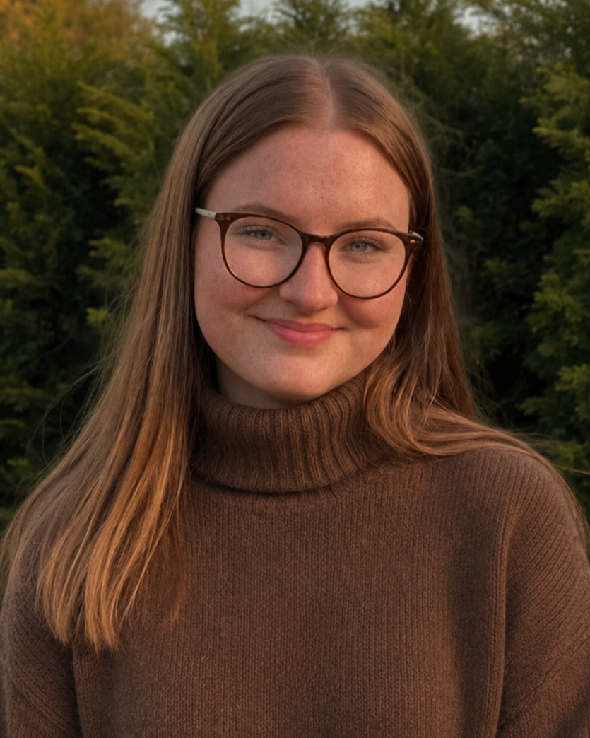 A young woman with long red hair, wearing glasses and a brown turtleneck sweater, smiling outdoors with a background of green trees.