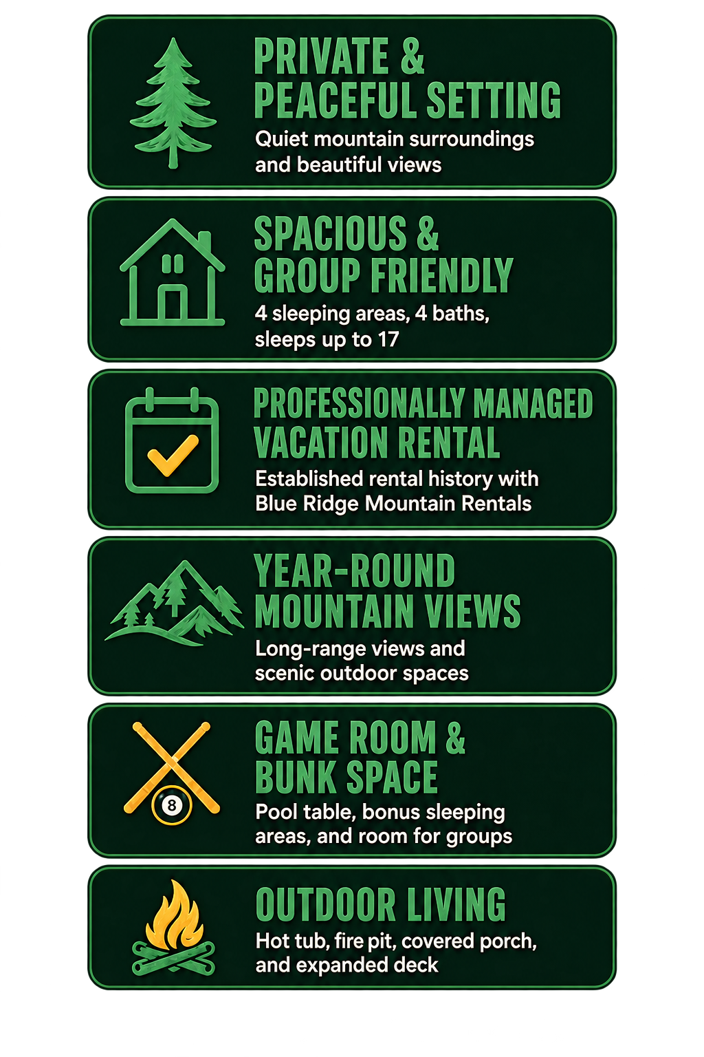 Sign highlighting features of a mountain rental property, including private and peaceful setting, spacious group-friendly accommodations, professionally managed vacation rental, year-round mountain views, game room and bunk space, outdoor living amenities like a hot tub and fire pit.