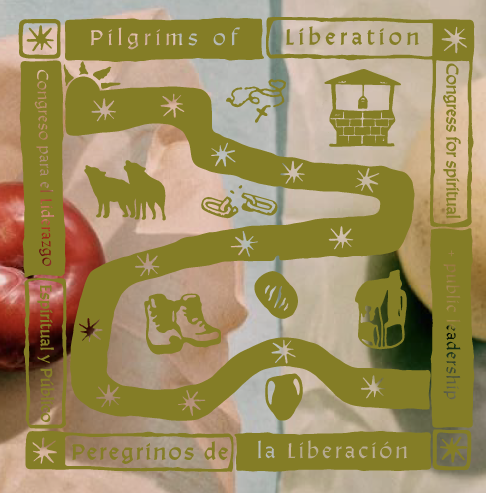Green map with icons and text in Spanish and English about pilgrims, liberation, and spirituality, overlaying a background of a person and objects.