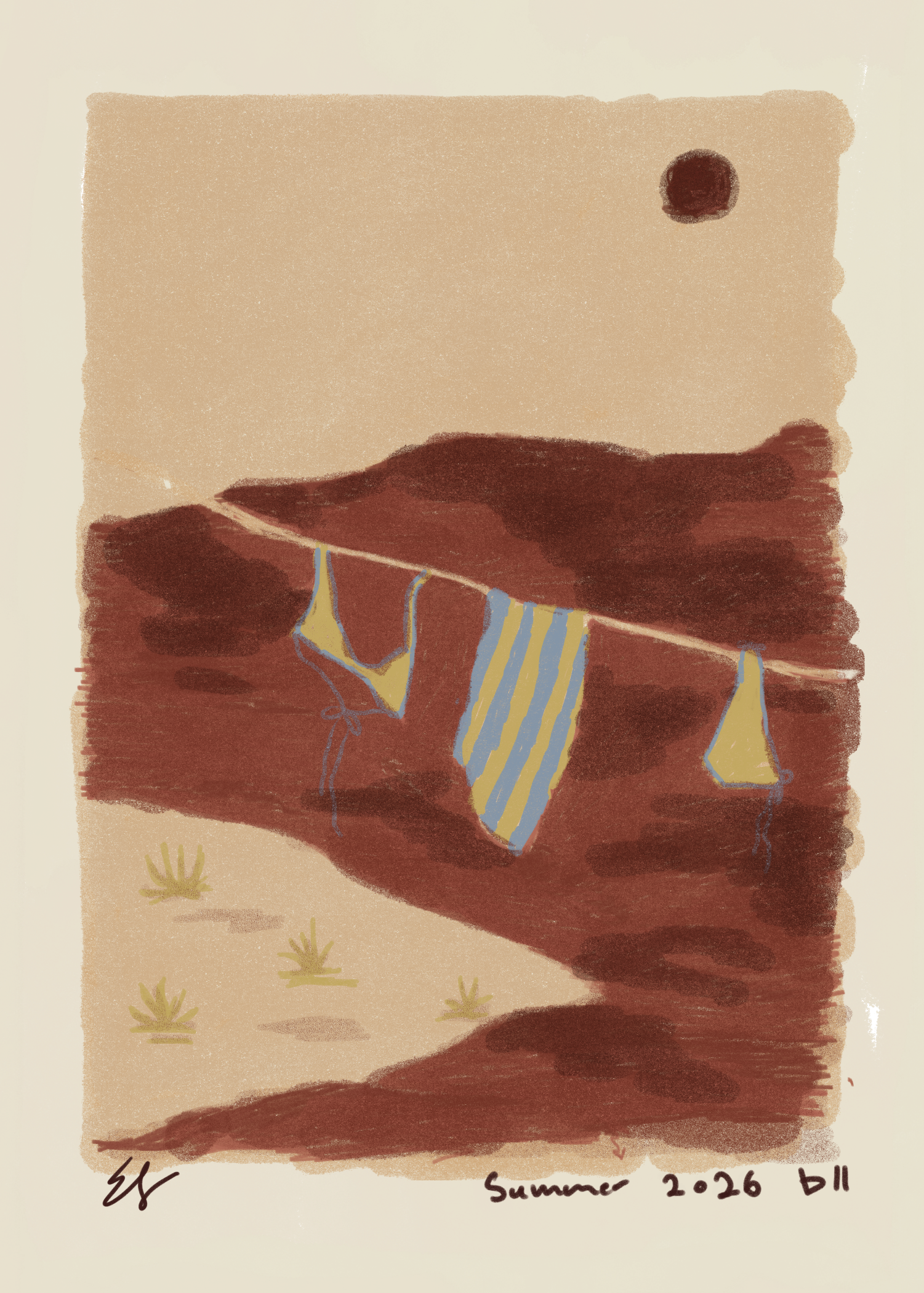 A digital painting of a desert landscape with sand dunes and sparse vegetation under a pale sky, with a small round sun or moon in the sky. The painting has handwritten notes indicating it was created in the summer of 2026.