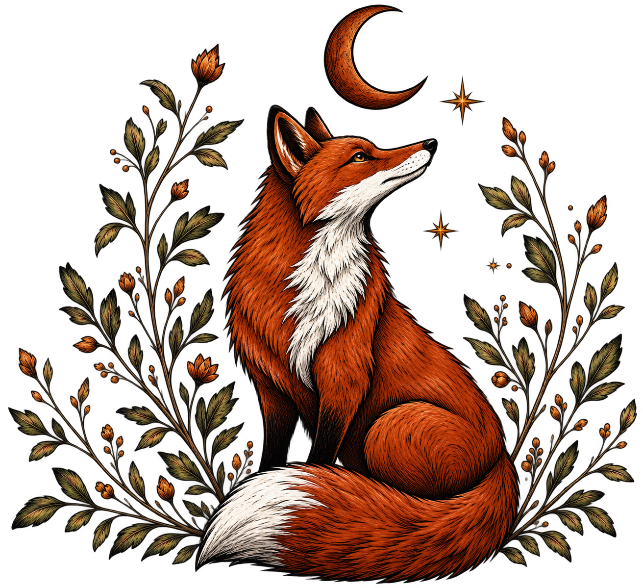 Illustration of a sitting fox surrounded by foliage with a crescent moon and stars in the background.