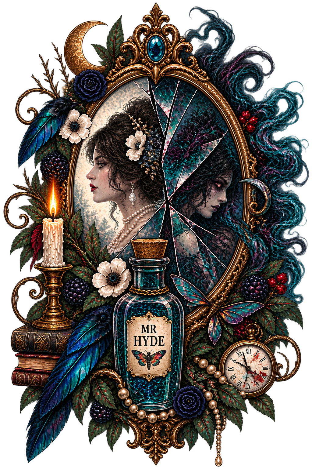 A digital artwork featuring two women in profile inside a gold ornate mirror, surrounded by flowers, feathers, a lit candle, a clock, a potion bottle labeled 'Mr Hyde,' and mystical elements, with one woman appearing calm and the other dark and mysterious.