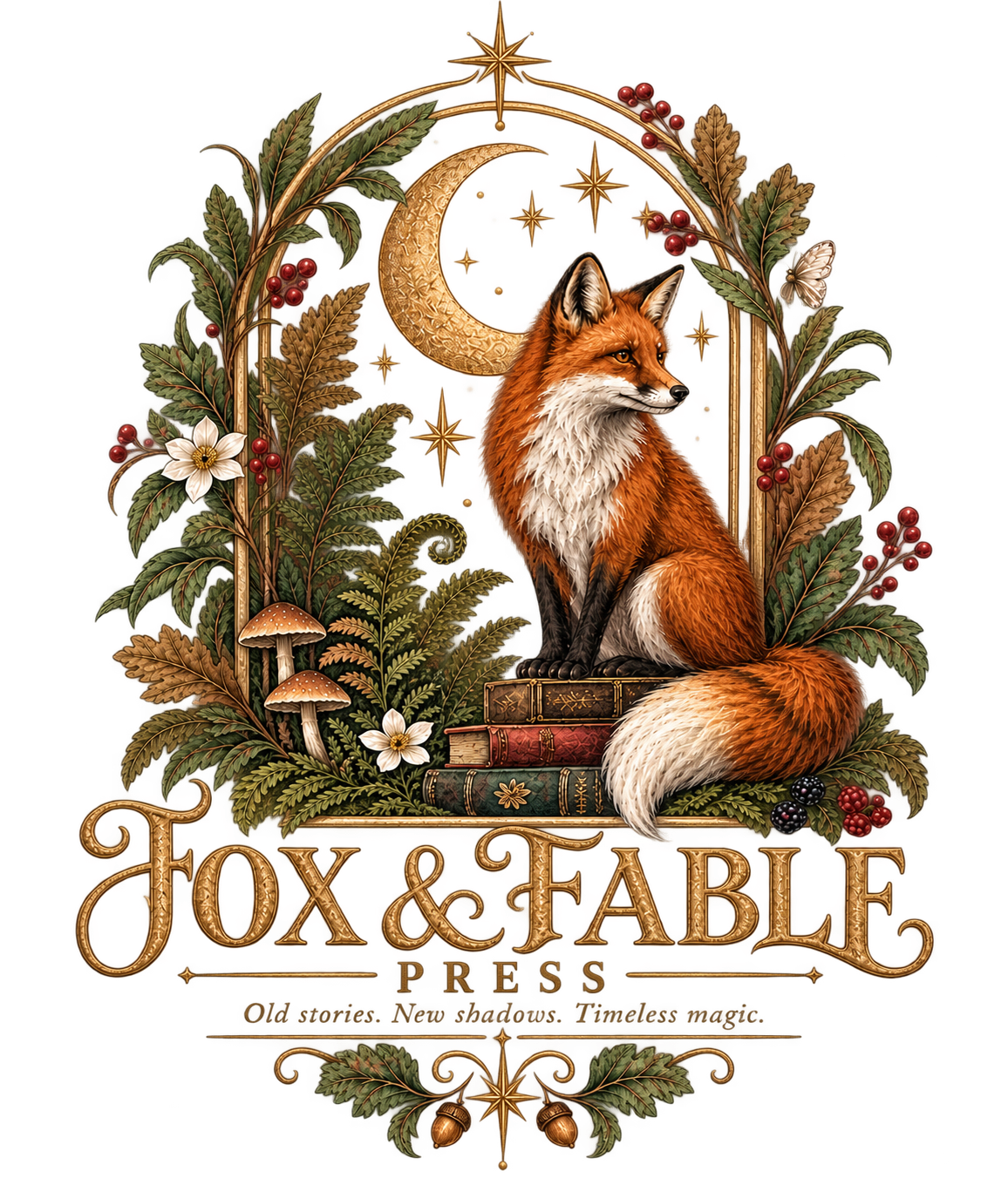 A decorative illustration with a fox sitting on a stack of vintage books, surrounded by holly leaves, berries, white flowers, mushrooms, and a golden crescent moon with a star above it. The text 'Fox & Fable' is at the bottom with a subtitle 'Press' and some smaller unreadable text below.