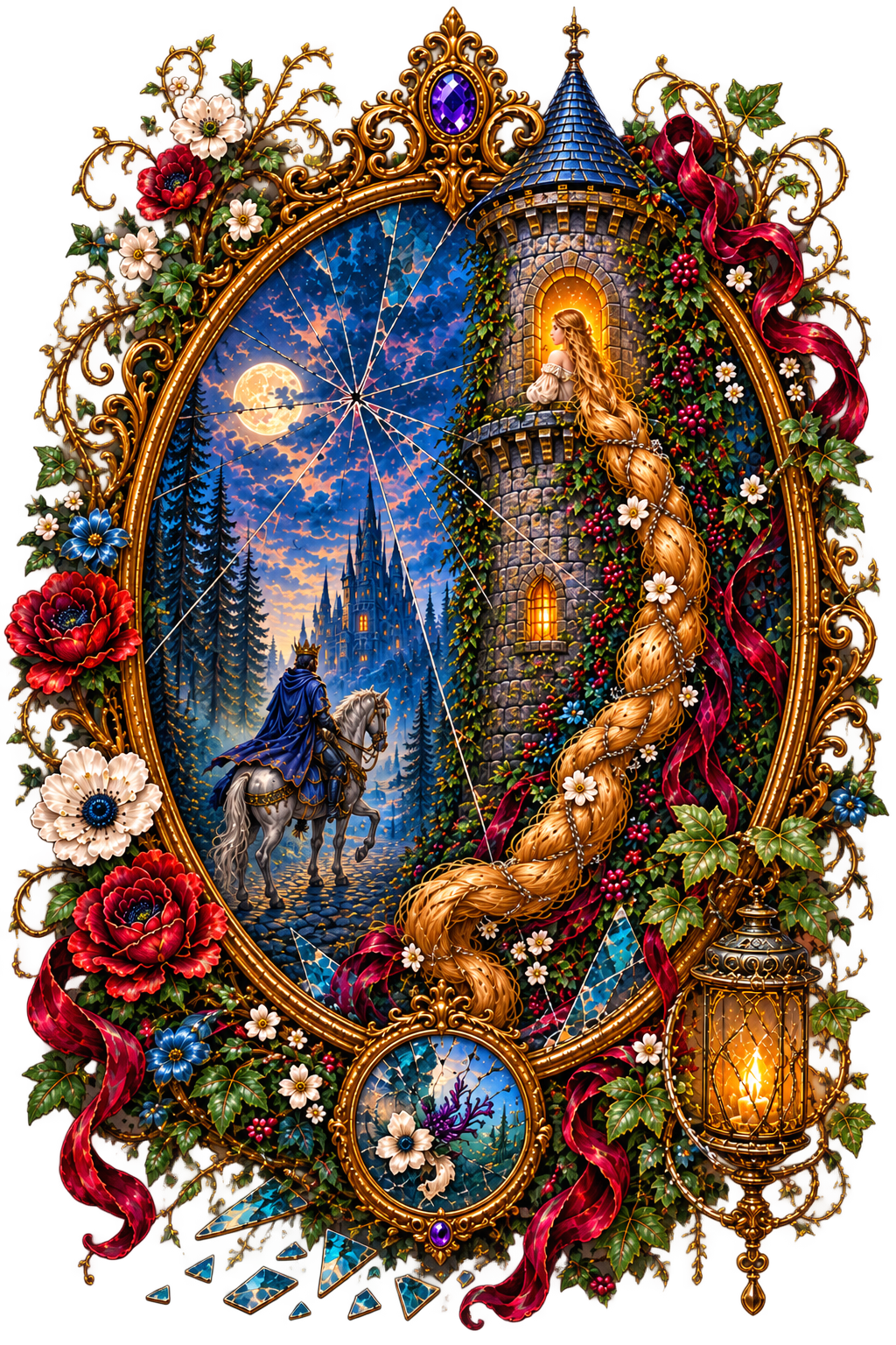 An ornate, decorative mirror frame featuring a fairy tale scene with a castle, a princess on a tower, and a knight on a horse against a moonlit sky, surrounded by flowers, ribbons, and lanterns.
