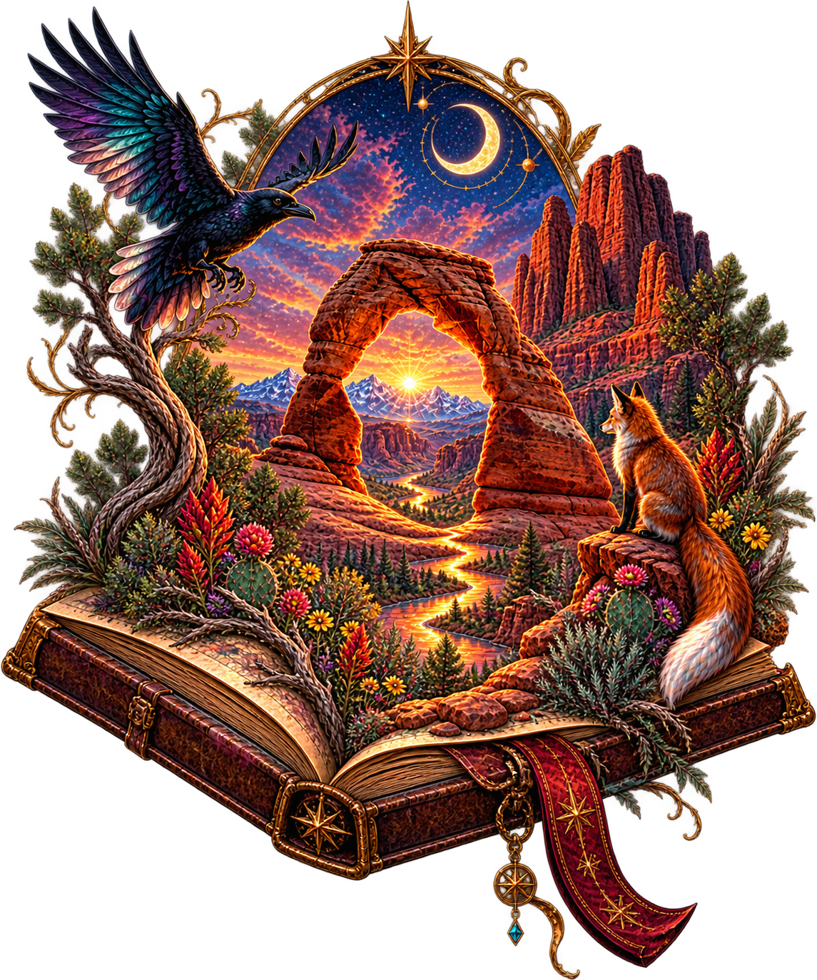 A fantasy scene blending nature and magic with a desert landscape inside a book. The scene includes a large arch rock formation, mountains, a river, sunset, night sky with a crescent moon, stars, a raven on a twisted tree, and a fox sitting on a rock, with colorful flowers and greenery around.