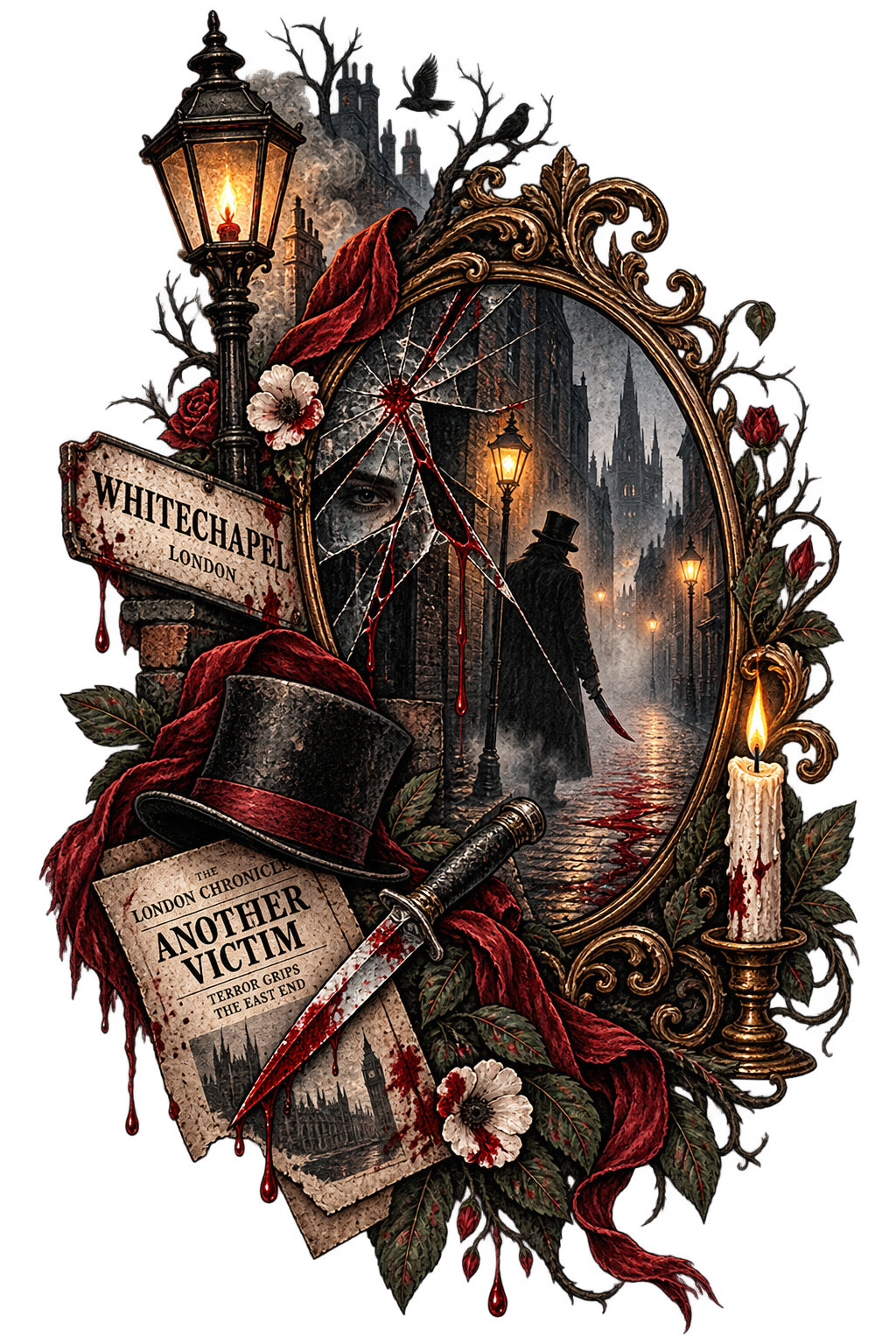 Dark, gothic scene featuring a cracked mirror reflecting a shadowy cityscape with a man holding a knife, surrounded by bloodied items, a bloody newspaper, a candle, flowers, and a bloodstained top hat, with streetlamps and a spooky atmosphere.