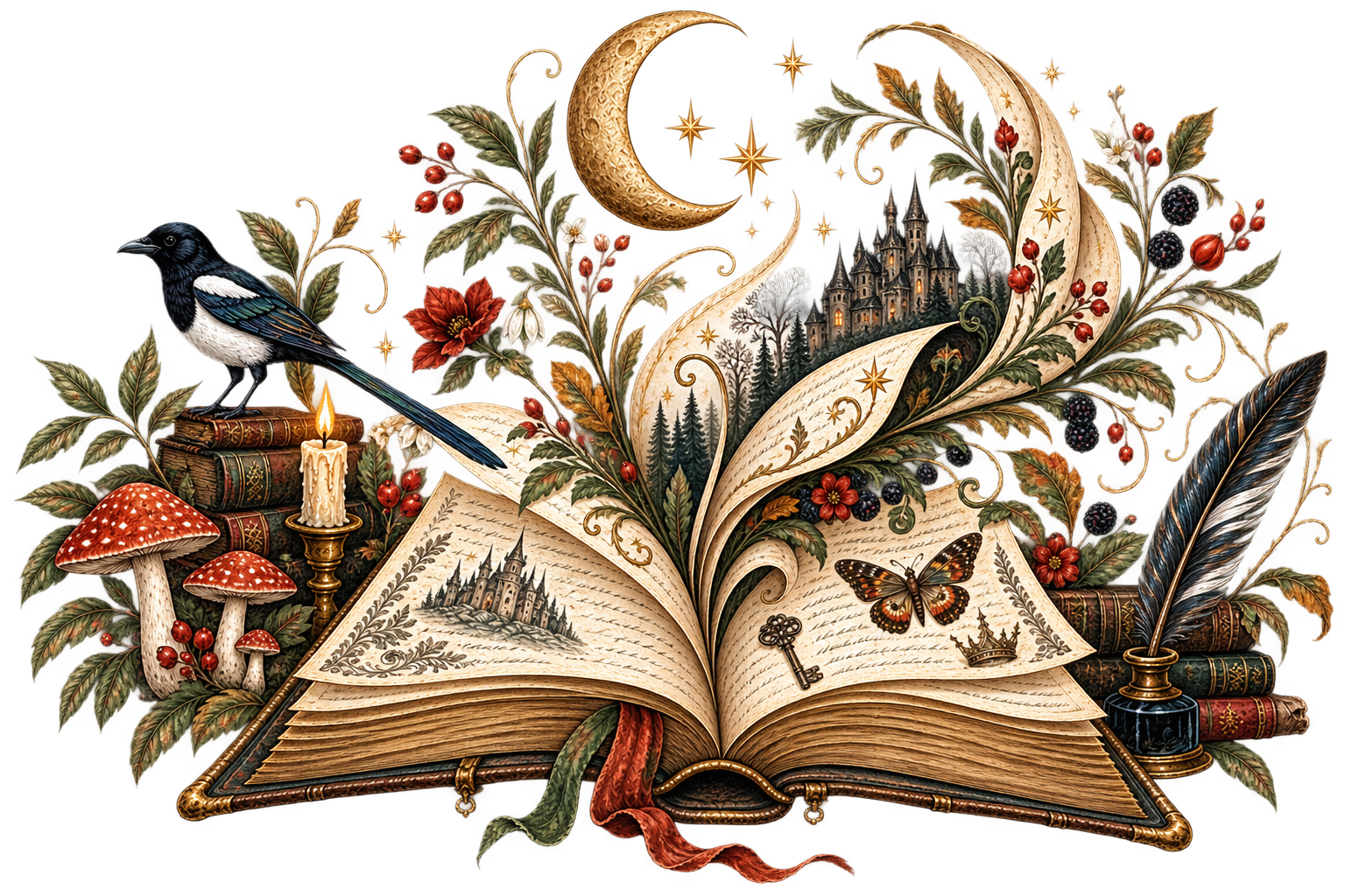 A fantasy scene featuring an open ancient book with detailed illustrations, surrounded by flora including red berries, mushrooms, and flowers, with a bird perched on stacked books, a lit candle, a quill, butterflies, a key, a crown, and a castle, under a crescent moon and twinkling stars.
