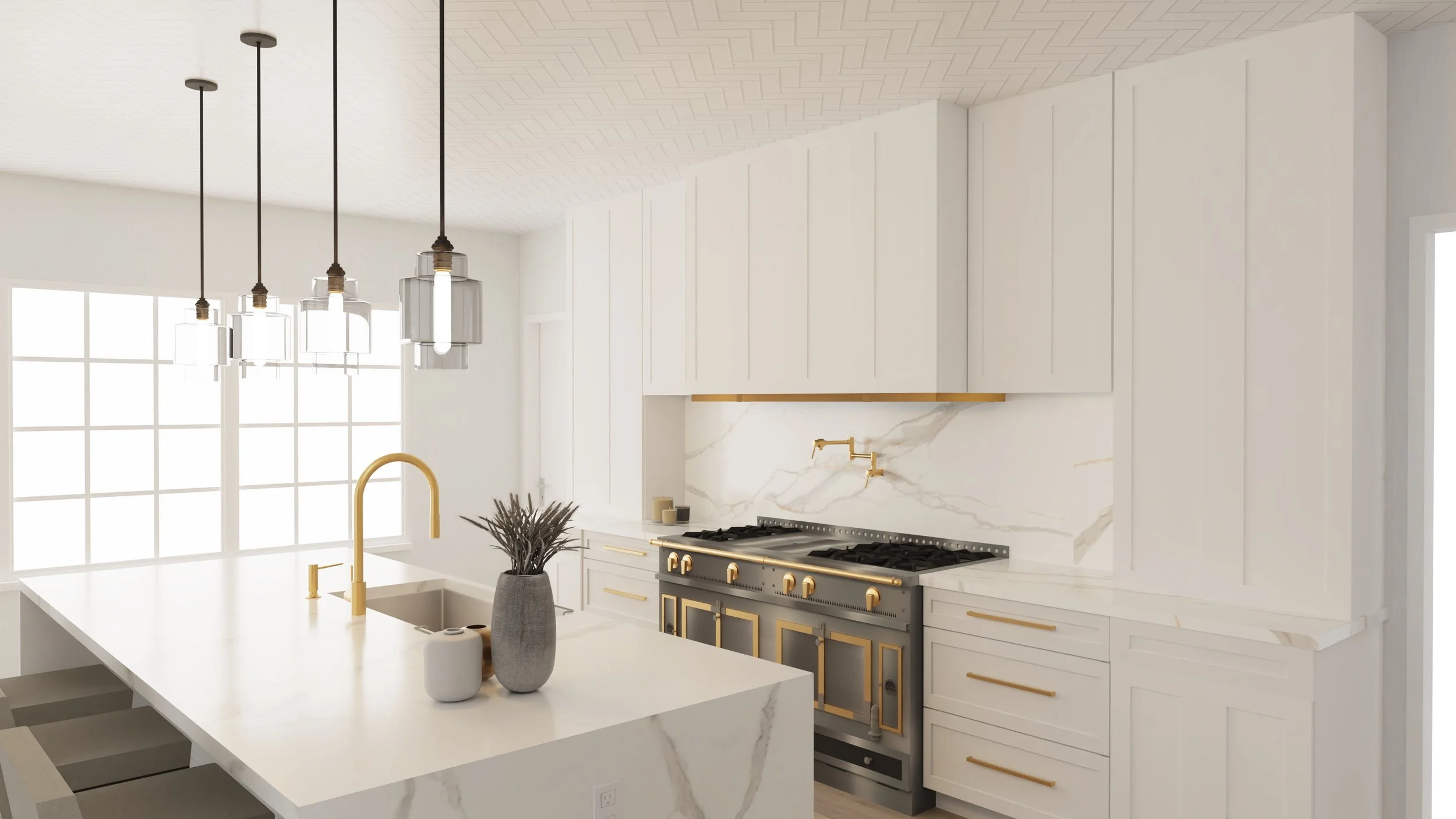 Modern white kitchen with marble backsplash, brass fixtures, and pendant lights over an island.