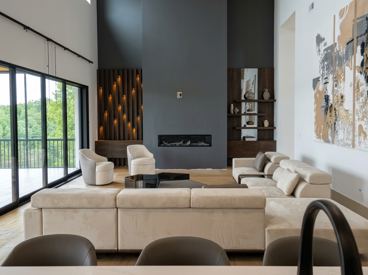 Modern living room with large beige sectional sofa, two cream armchairs, black coffee table, built-in shelves with ceramics, abstract wall art, and sliding glass door leading to balcony with trees outside.