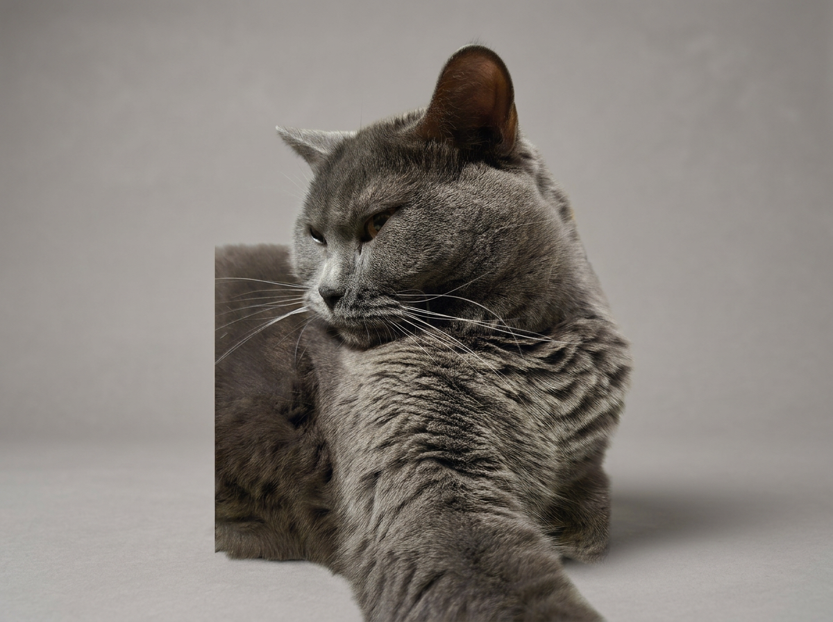 Un chat gris couché sur un fond gris, regardant vers la gauche avec un regard doux.