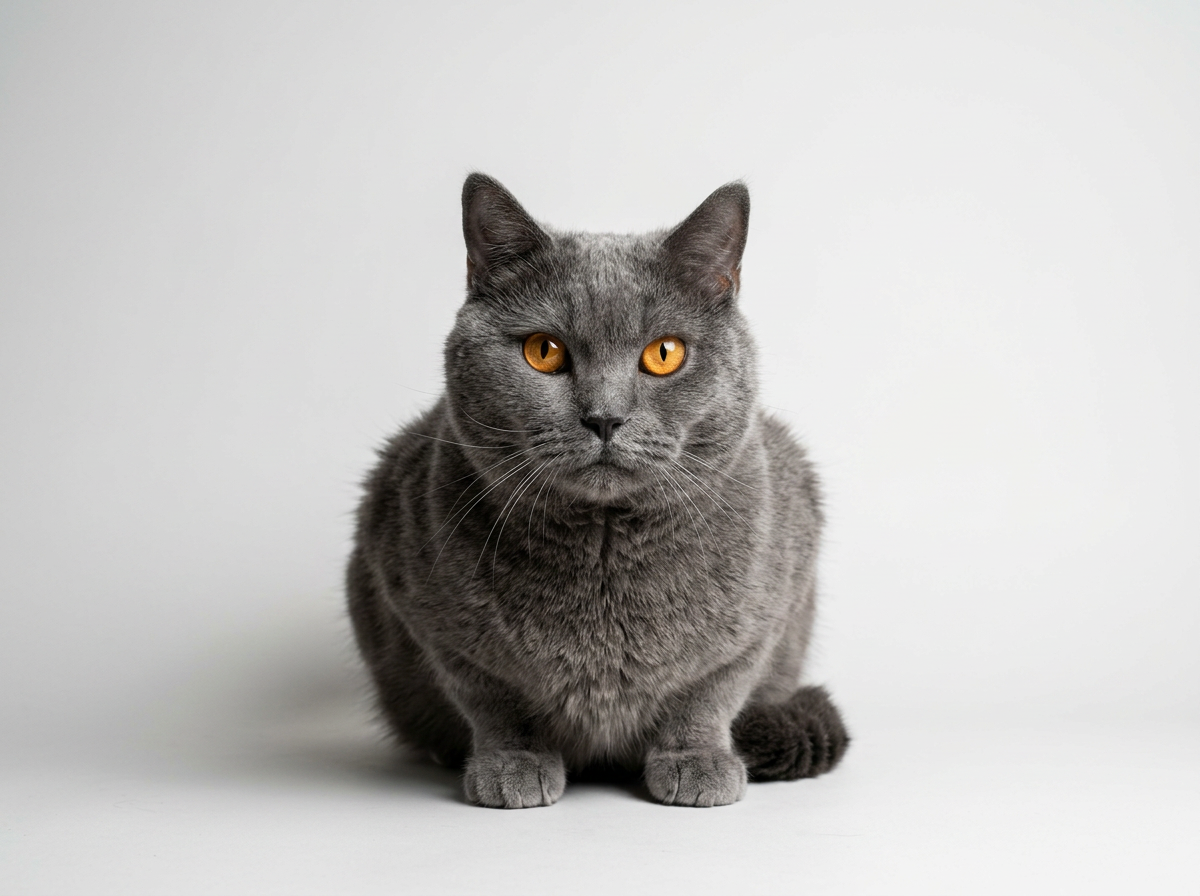 Un chat gris assis sur un fond blanc.