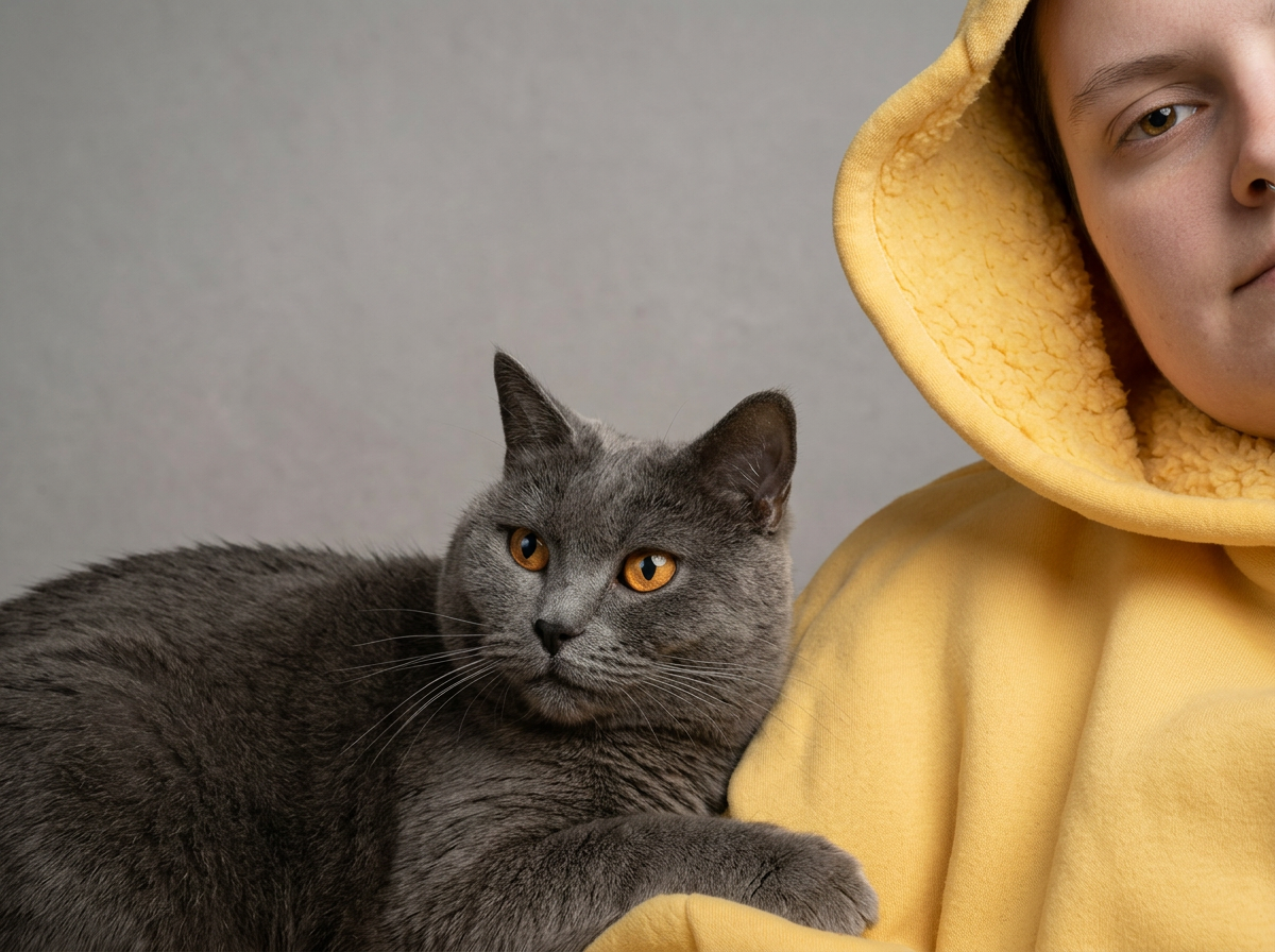 Un jeune homme portant un sweat à capuche jaune avec doublure en laine et un chat gris foncé allongé sur son bras, contre un fond gris.